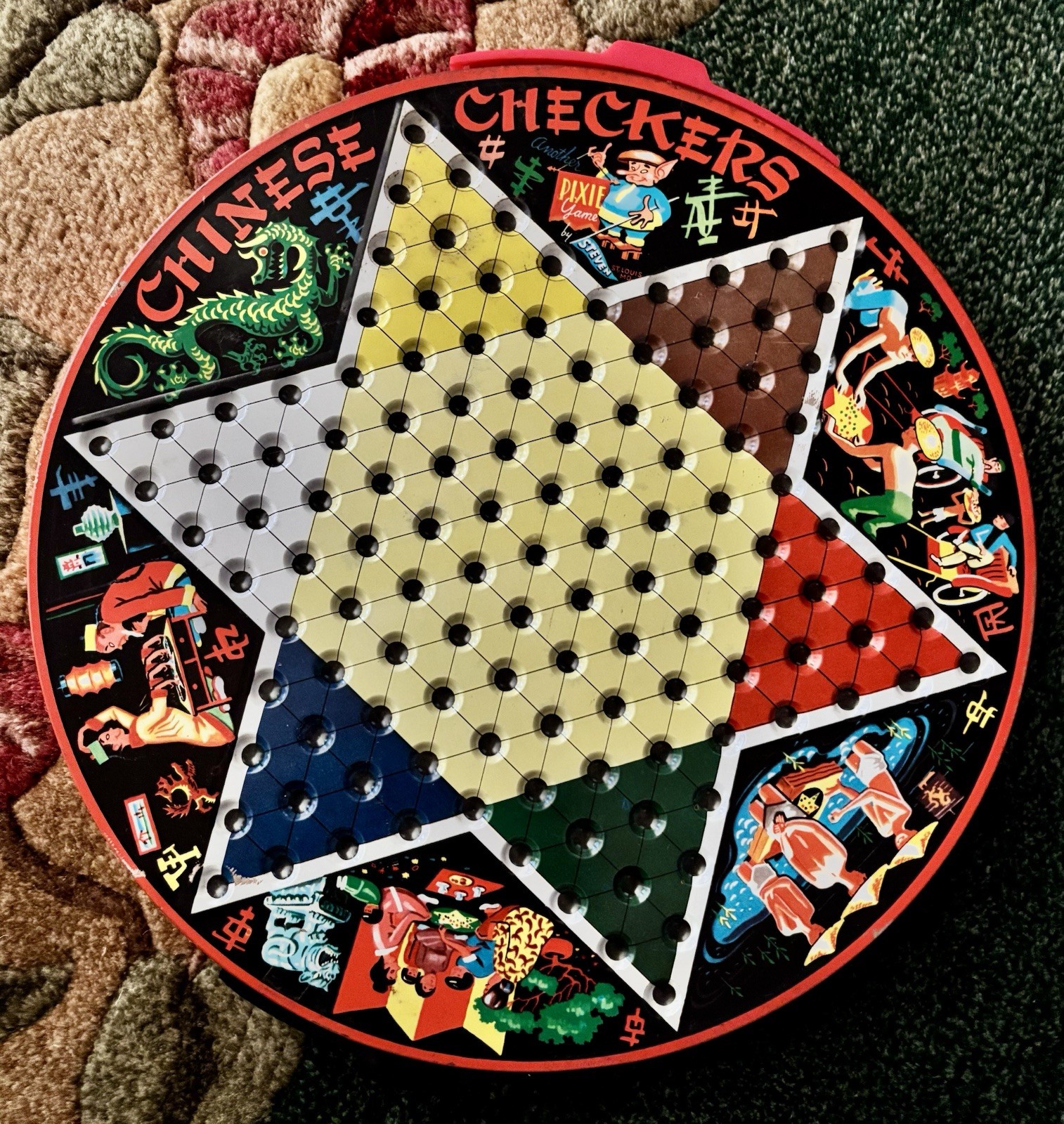 VTG Metal Tin Pixie Game Chinese Checkers Game Green Dragon w/Marbles Checkers