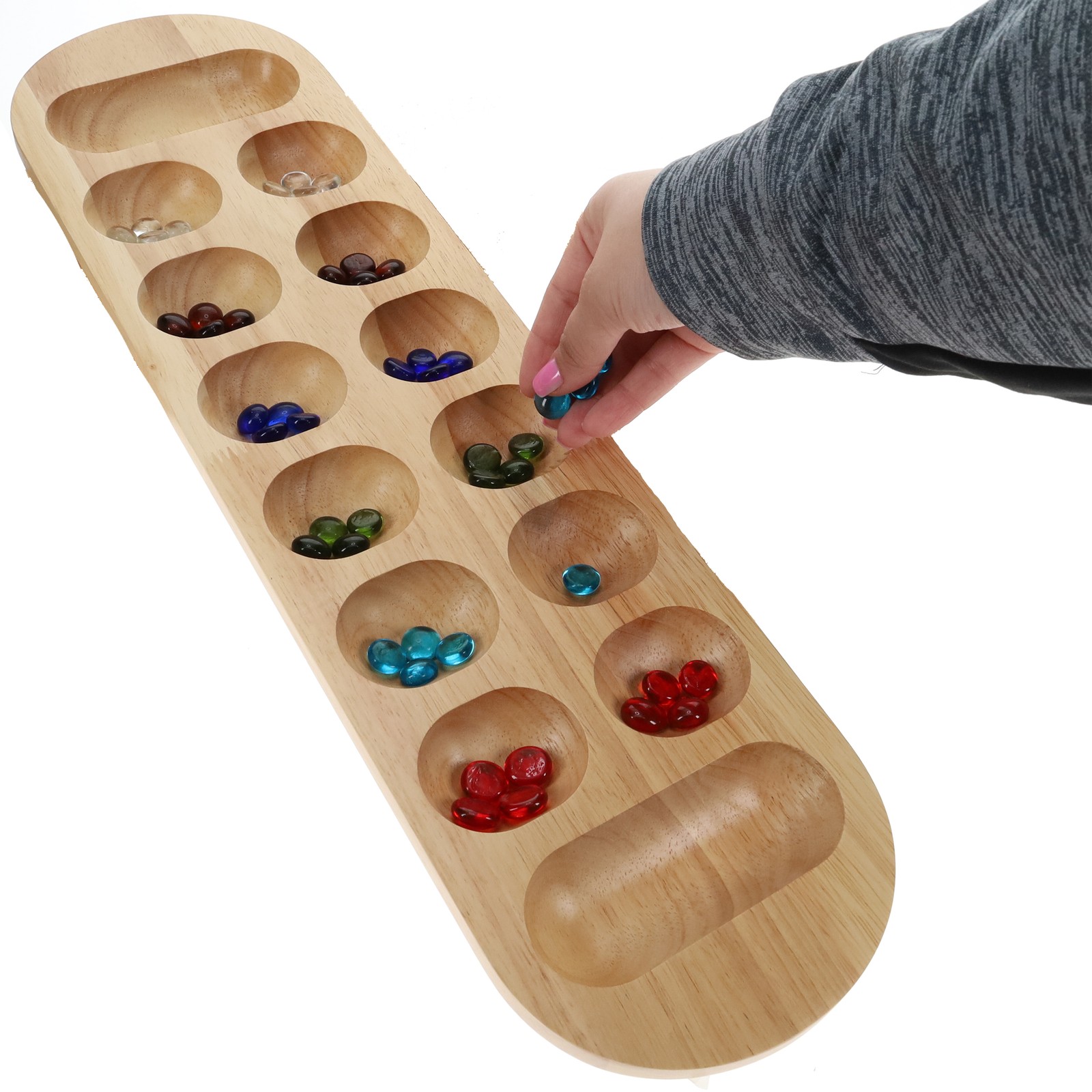 WE Games Mancala Board Game – 22 in., Solid Natural Wood Board and Glass Stones