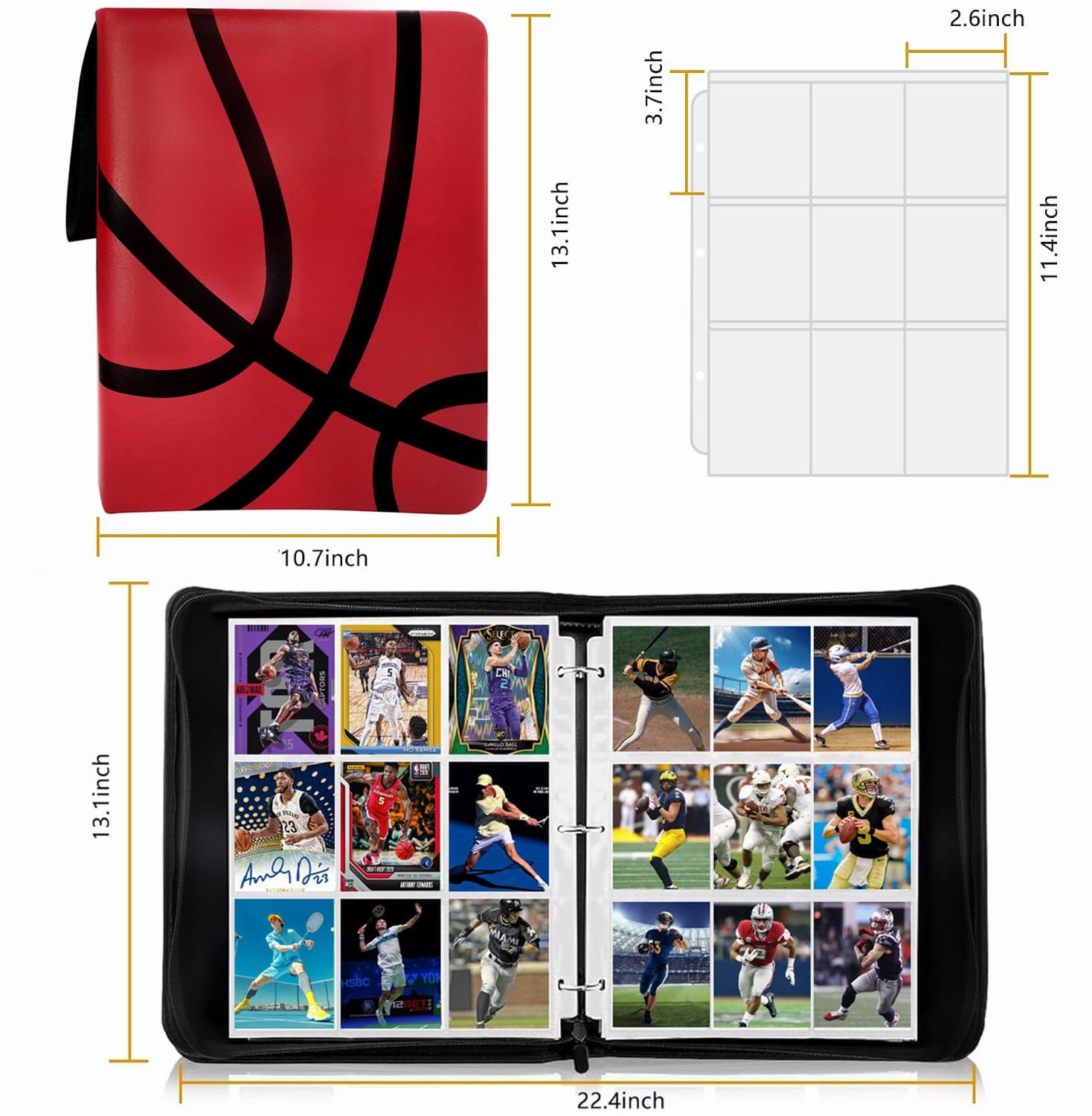 Trading Card Binder 1080 Pocket with Zipper, 13 x 10 x 1.7 inches, Basketball