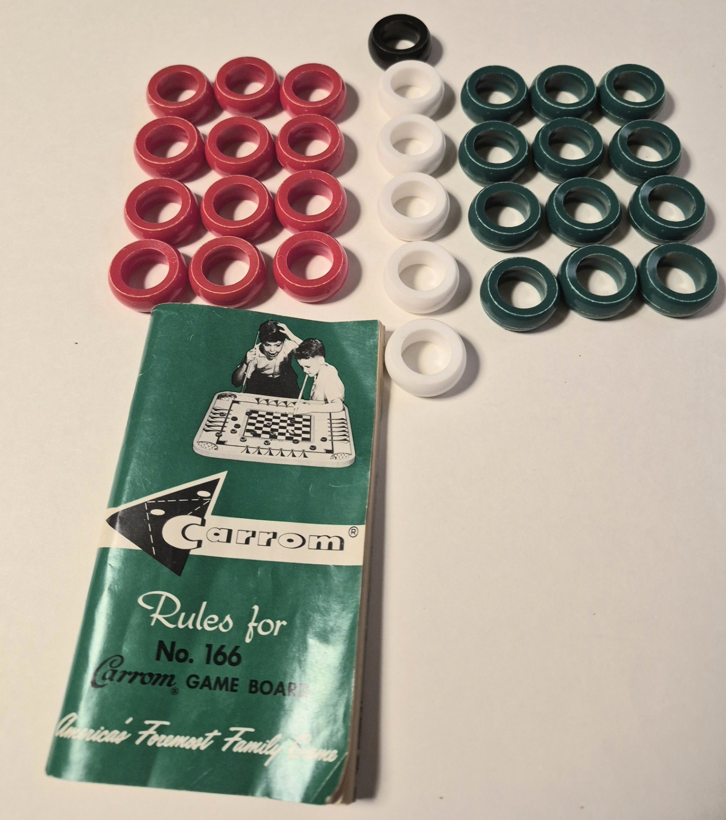 Vintage Carrom Board Game Replacement Plastic Pieces & #166 Rule Book