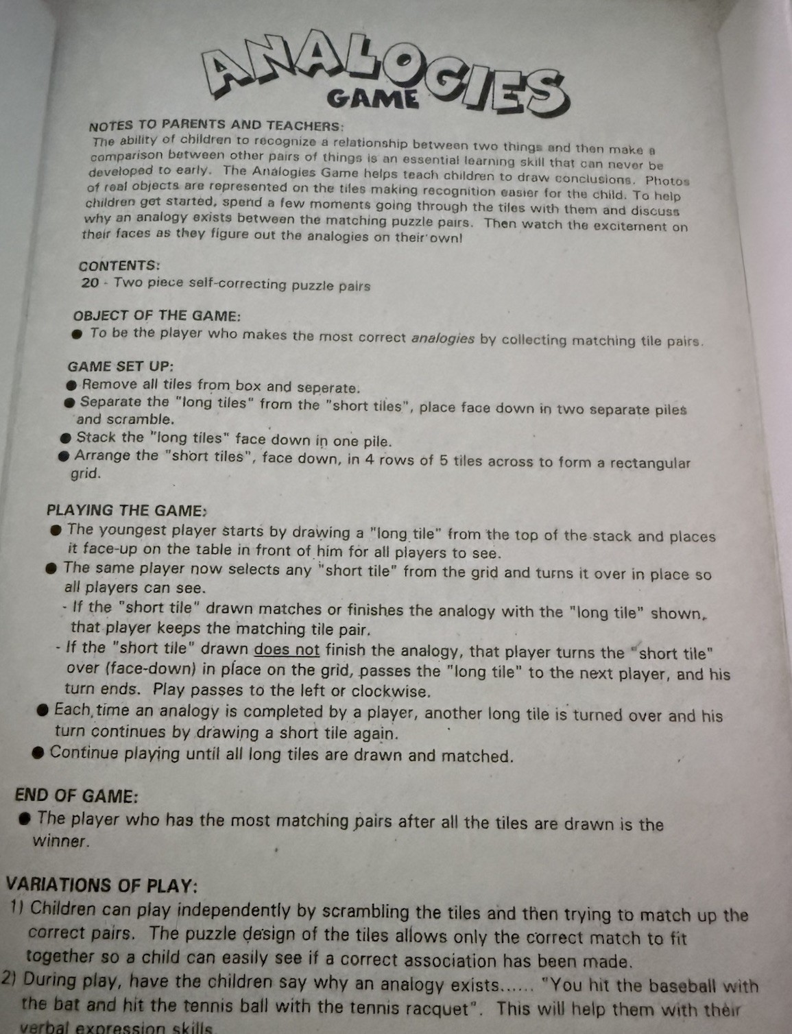 Analogies Game, Self-Correcting, Ages 4+, 1-4 Players
