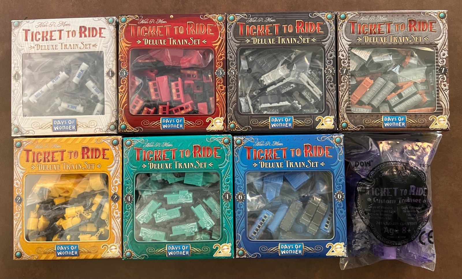 All 7 Ticket to Ride Deluxe 20th Anniversary Train Sets 1-7 + Purple Set + Ship!