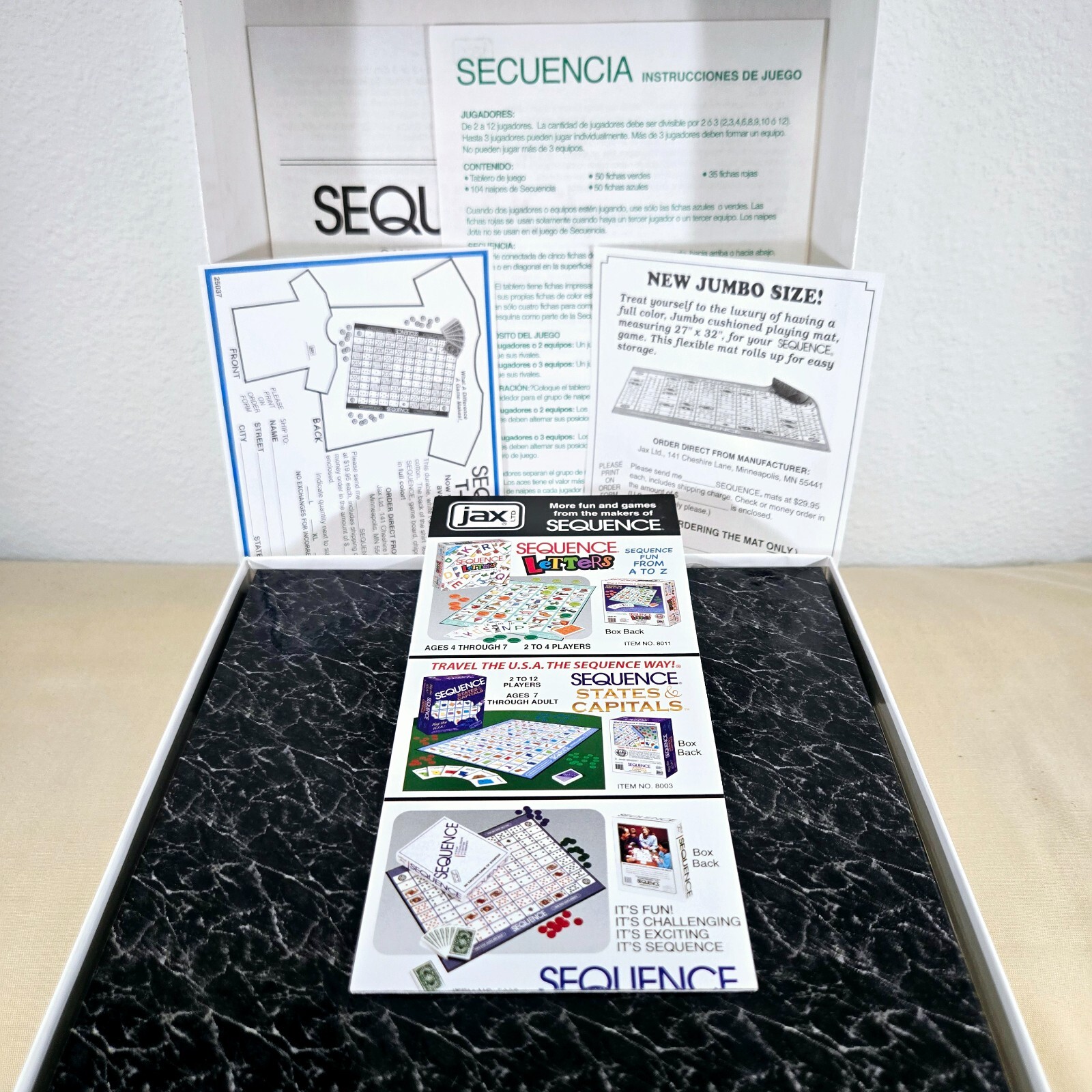 SEQUENCE 1995 JAX STRATEGY BOARD GAME AGE 7 TO ADULT 2 TO 12 PLAYERS Open Box