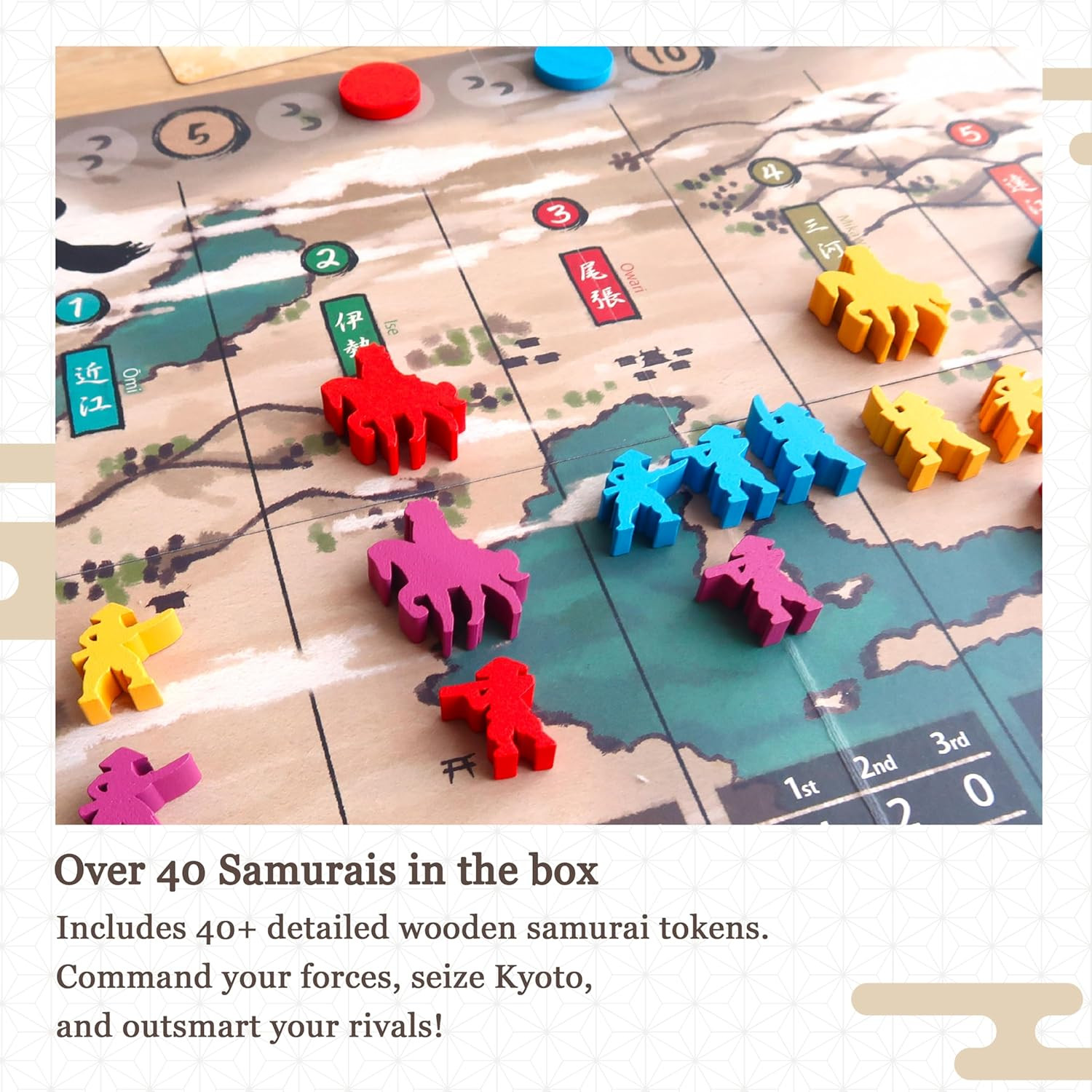 Joraku Deluxe Strategy Board Game, 40 Wooden Samurai Meeples, Area Control and T