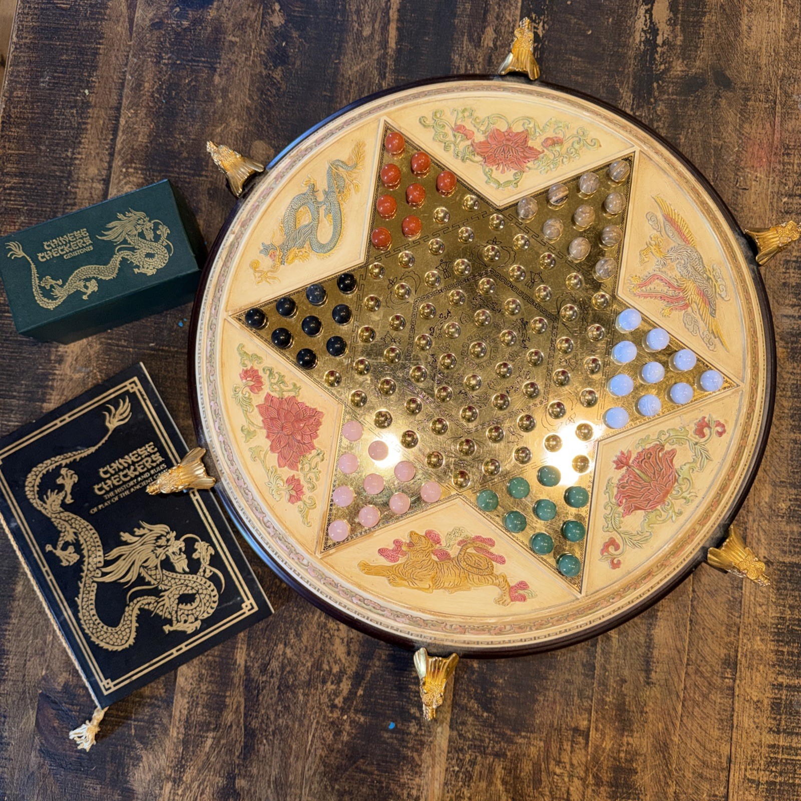 Vintage Franklin Mint Chinese Checkers Dragon Game With Semiprecious Gemstones