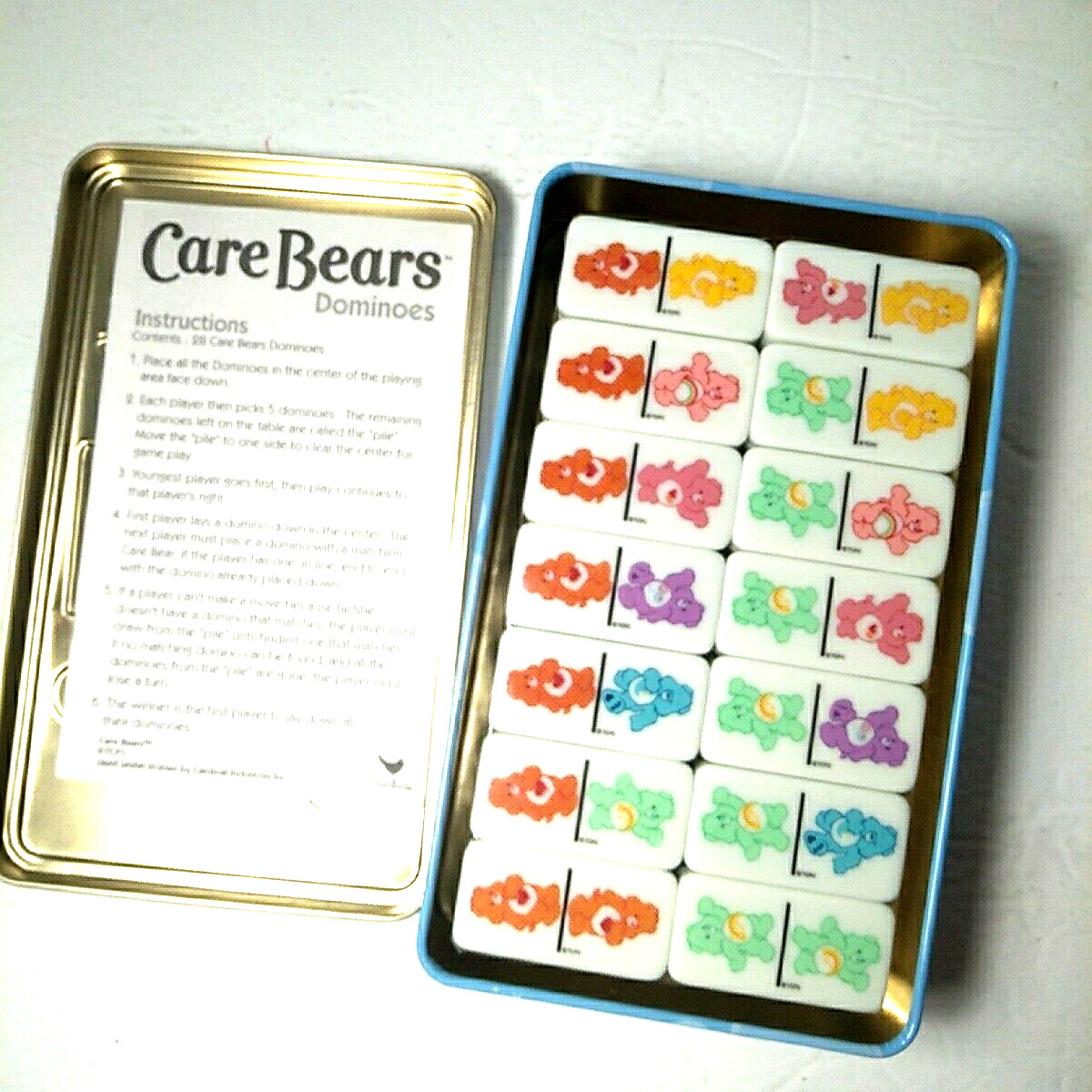 Care Bears Domino Game In Collectible Tin Box 28 Piece Colorful Dominoes 2003