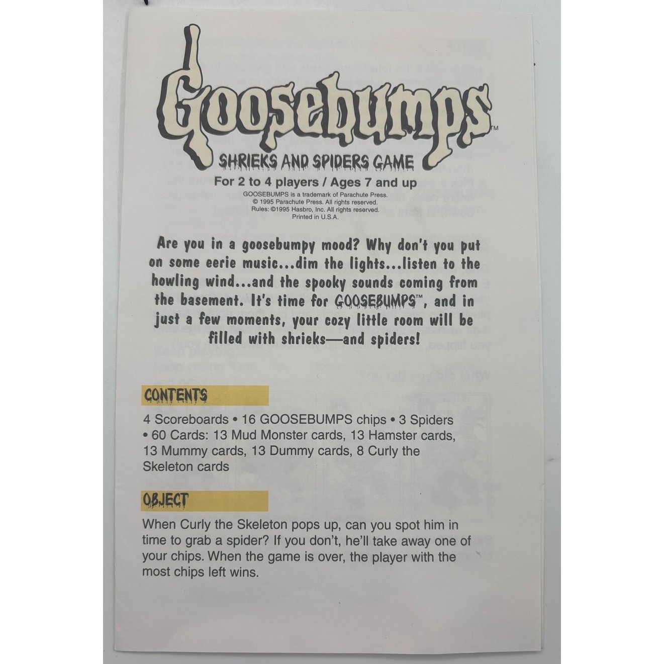 1995 Goosebumps Shrieks And Spiders Game Board Game Parker Brothers