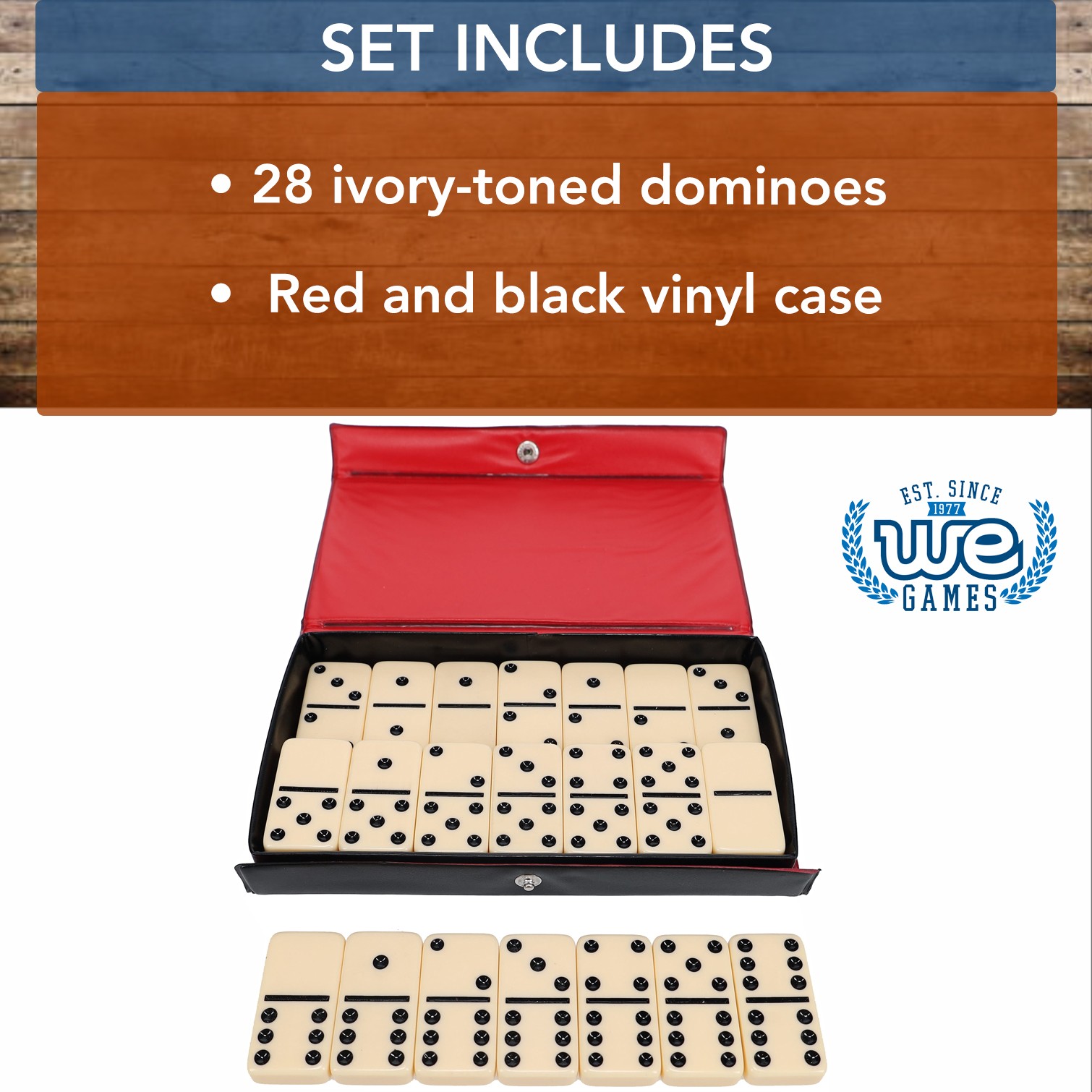 WE Games DOUBLE 6 Dominoes Ivory color tiles with black dots in black vinyl case