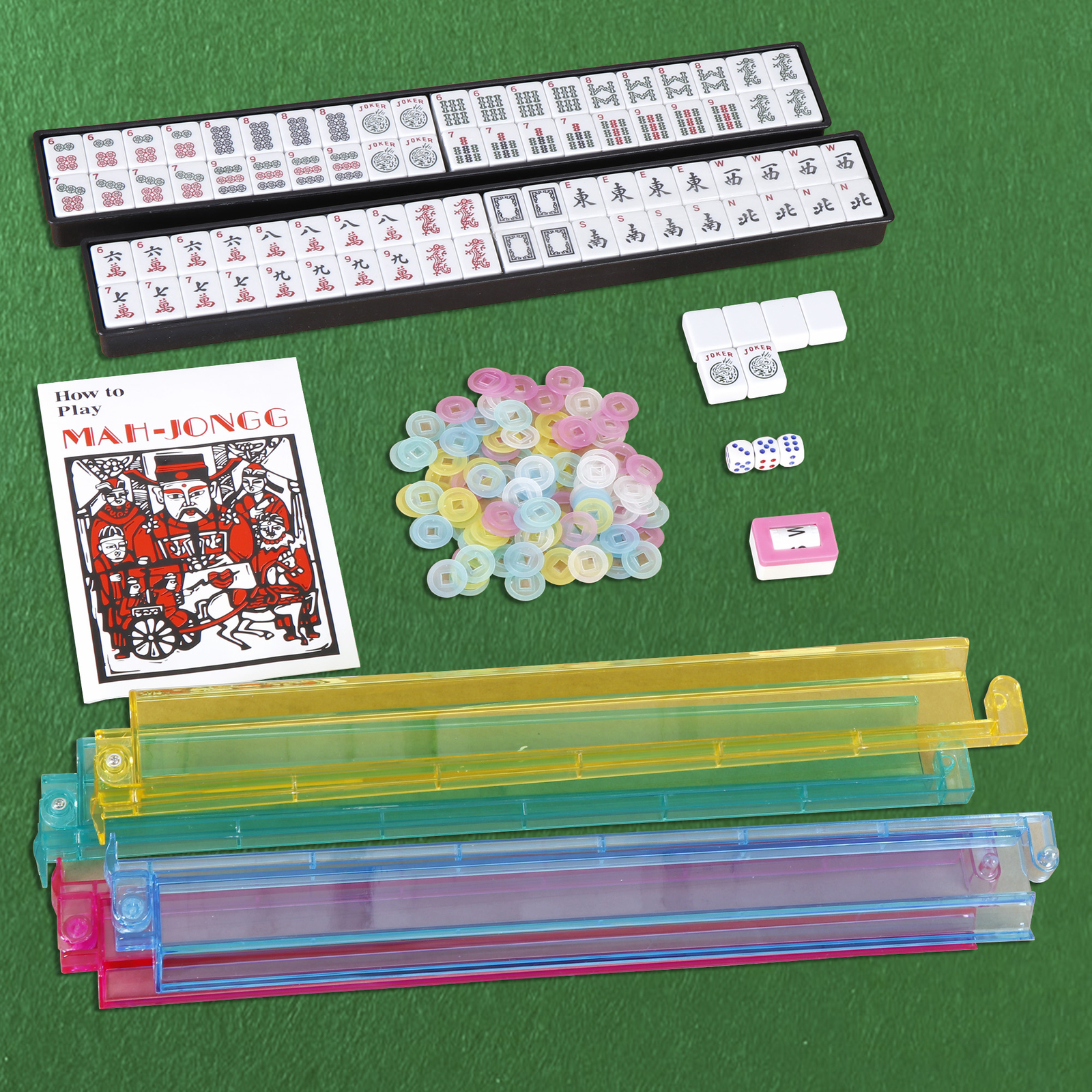 American Mahjong Set 166 Tiles 4 Color Complete Mah Jong Set Racks/Pushers w/Bag