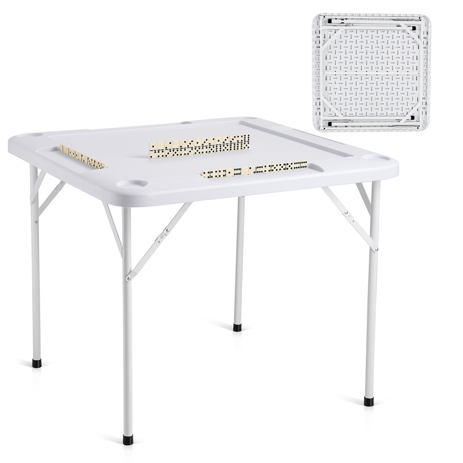 Uimoso Mahjong Table 4Player Folding Card Table & 4 Cup Holders Chip Trays White