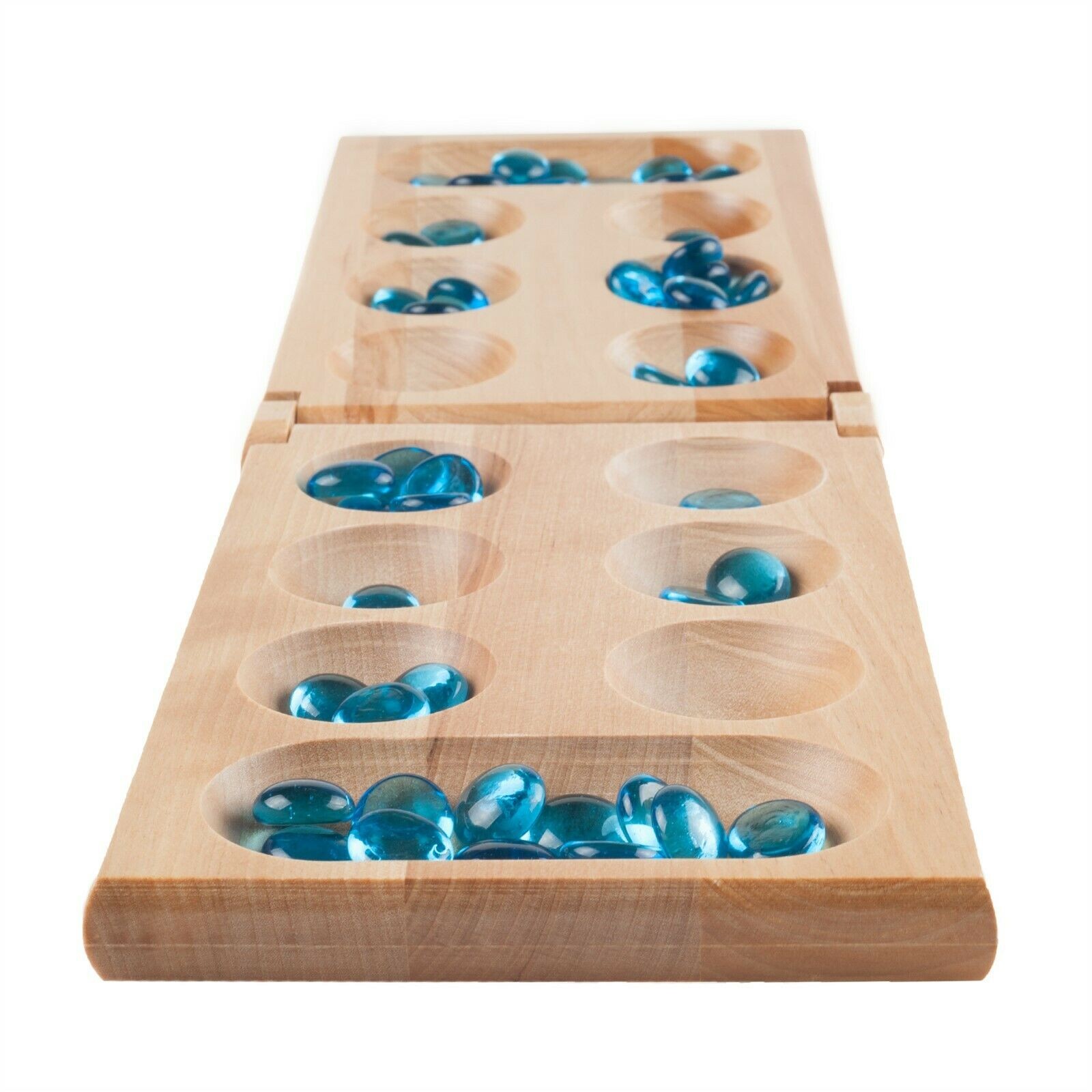 Classic Folding Wooden Mancala Board Game with Blue Stones Family Strategy Game