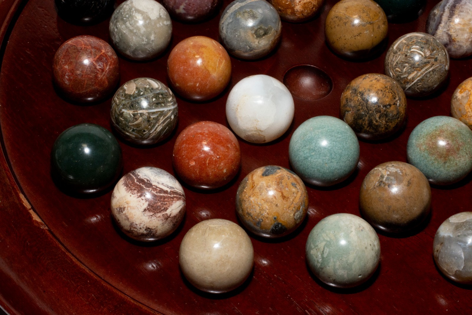 Wooden Solitaire Game 36 Natural Stone Marbles 9.5” Board