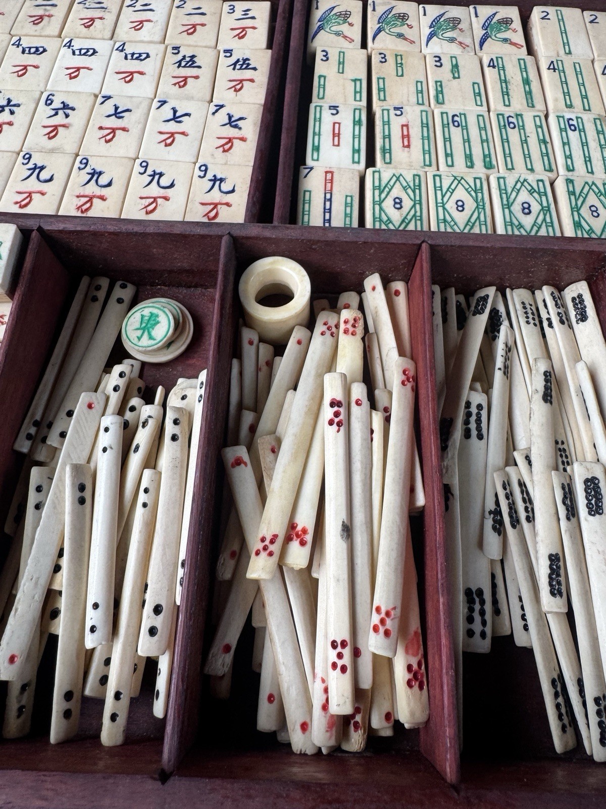 Antique Mahjong 5 Drawer Wood Box Set Bamboo Bone w/DICE/Tiles/Hand Colored
