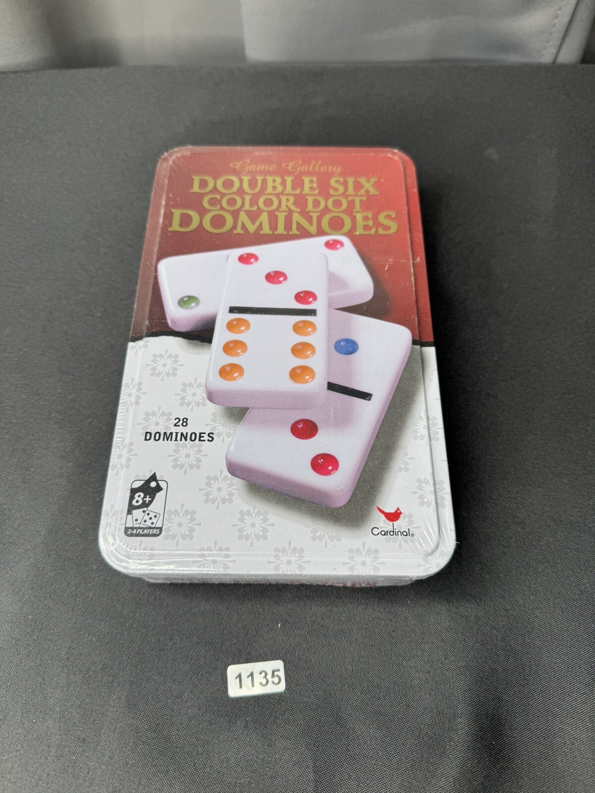 Cardinal Double Six Domino Set 28 Black Tiles Color Dots Tin Storage Case NEW