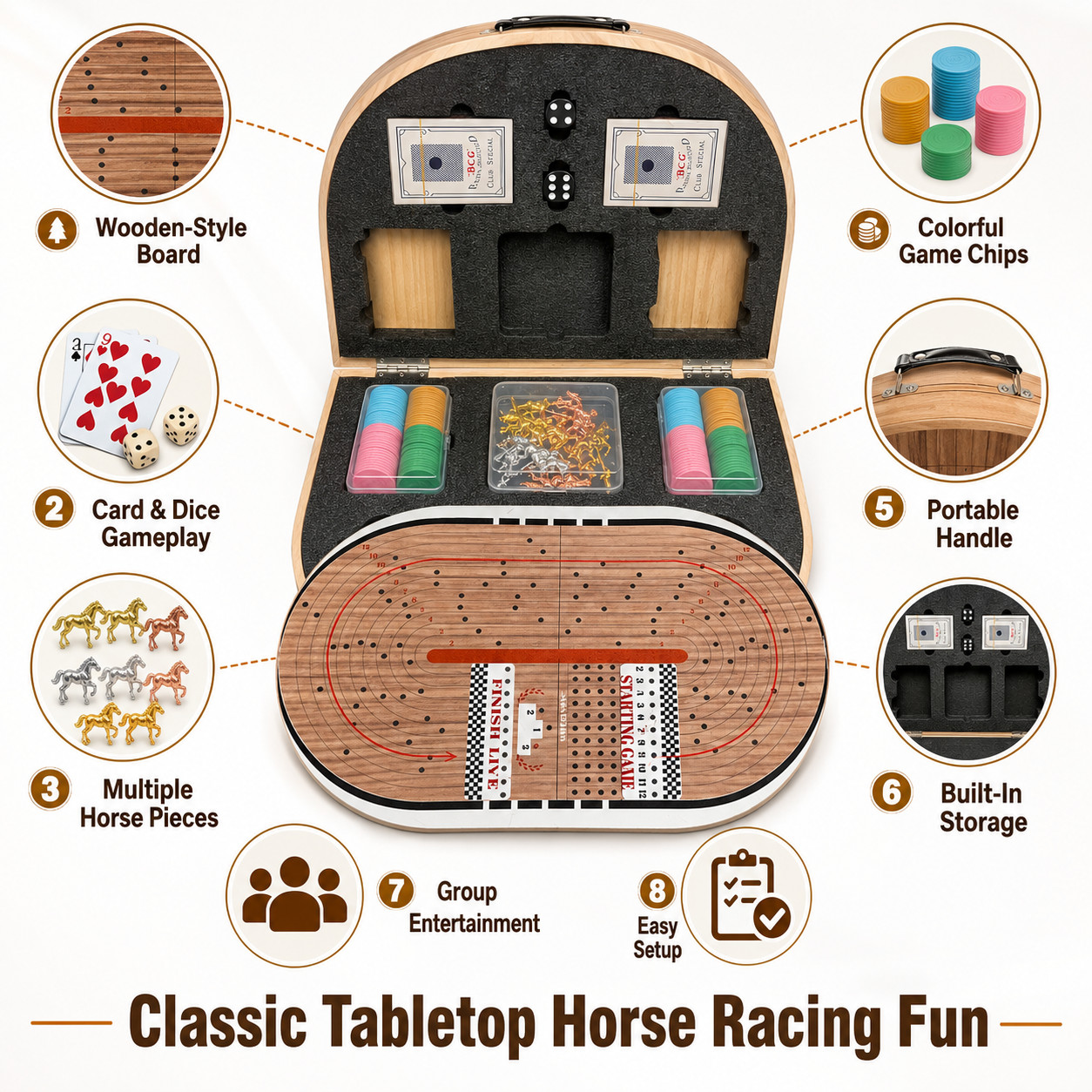 24.8in Wooden Horse Racing Board Game Foldable Large Race Track Set w Accessorie