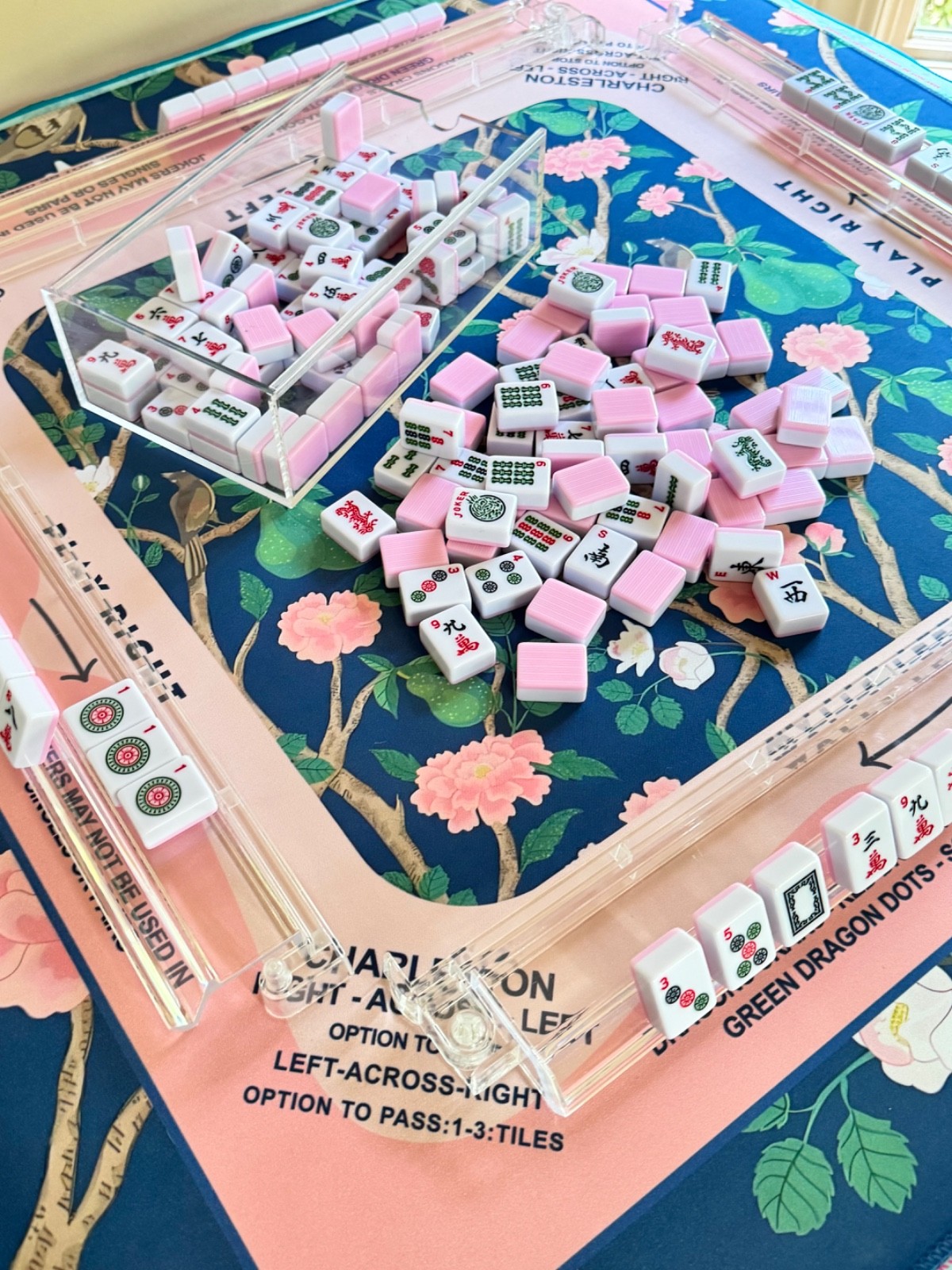 NEW! Mahjong 4 pc Starter Bundle- Tiles, Acrylic Box, Floral Mat & Acrylic Racks