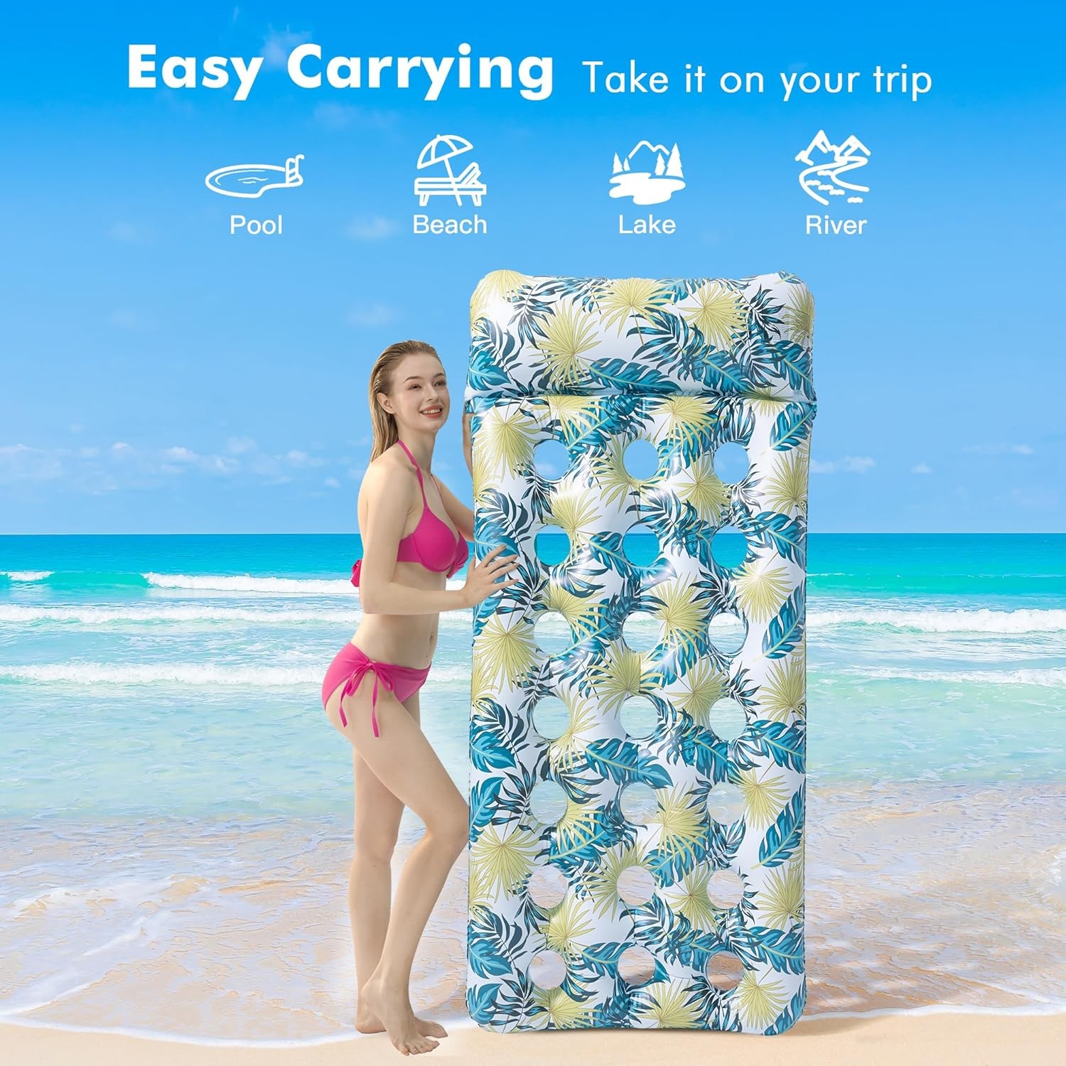 4 Pack Inflatable Pool Float Mat, Giant Pool Floats Adult Size with Headrest