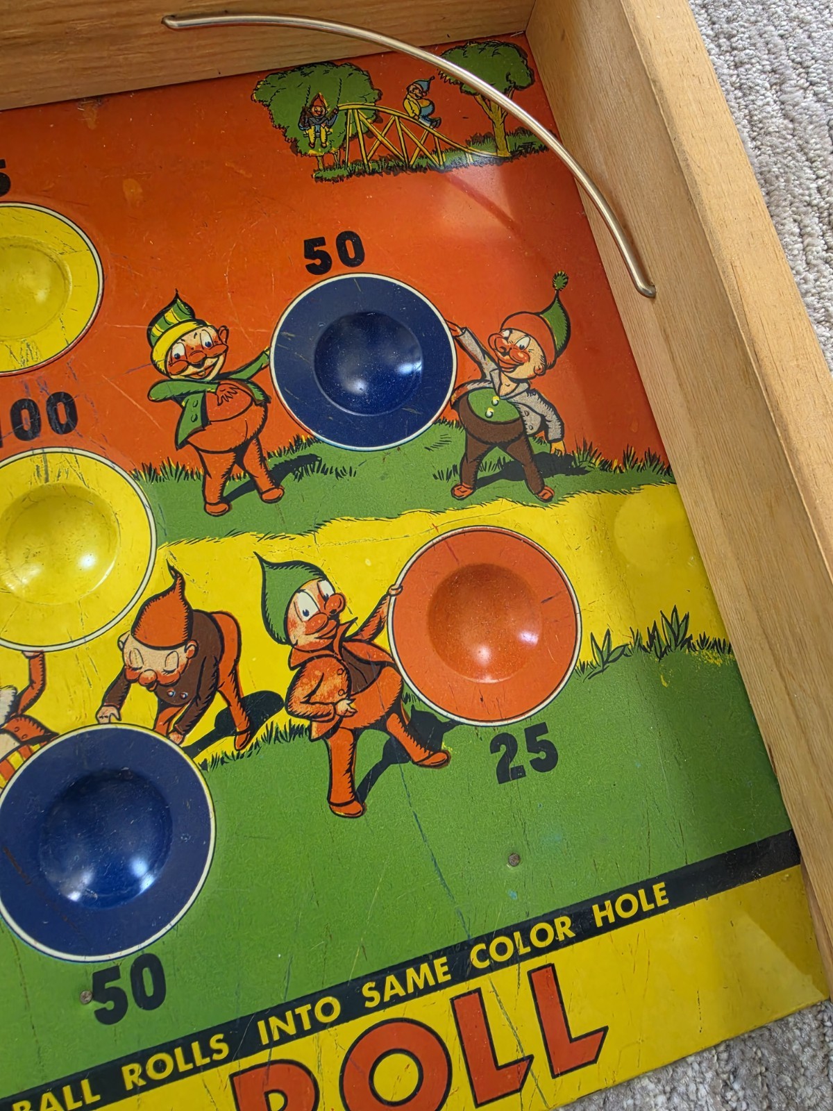 Vintage 1950s Skill – Roll Tin Litho Game W/ Gnomes and Elves