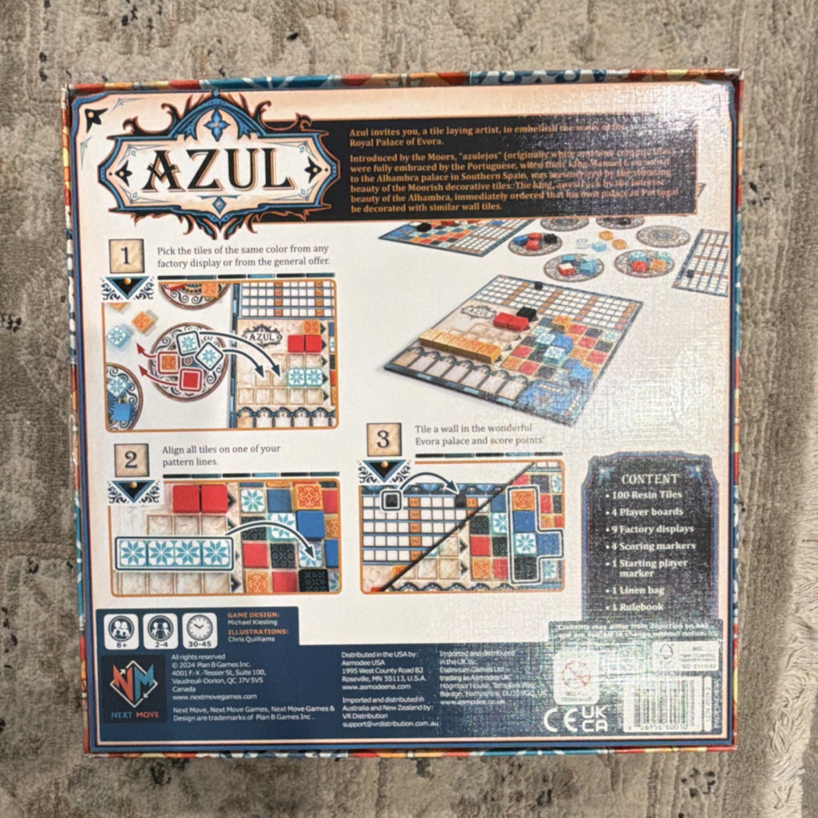 Next Move Games Azul Board Game Linen Bag Resin Tiles 2 Players Ages 8+