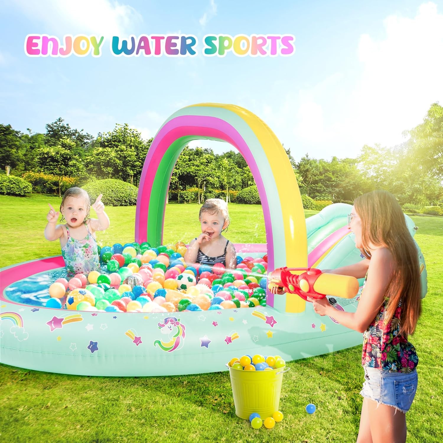Rainbow Unicorn Inflatable Play Center Kiddie Pool W/ Slide & Sprinkler Children