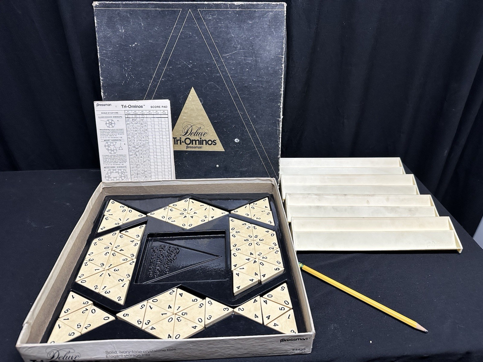 Deluxe Tri-Ominos Vintage 1978 Pressman Game Ivory Tone Crystalline Tiles 4423