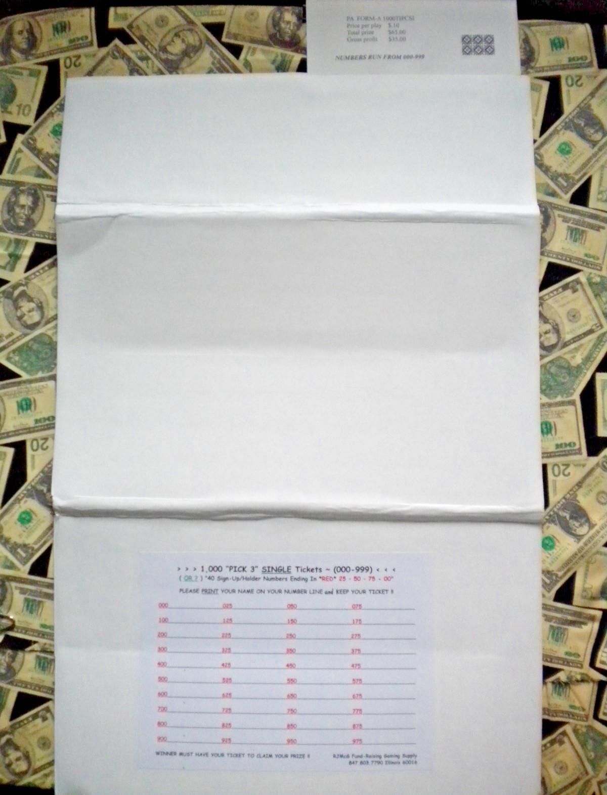 ( 1 ) 1000 REGULAR TIP “PICK 3” (000-999) or Num# Ending In 25-50-75-00 Pull Tab