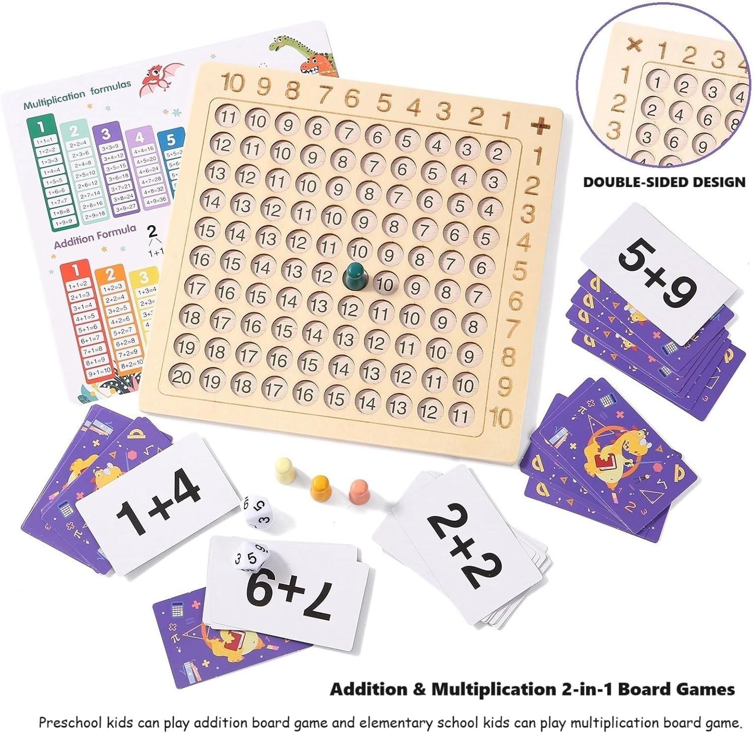2 in 1 Math Board Game for Kids – Wooden Double Sided Table with Dice and Cards
