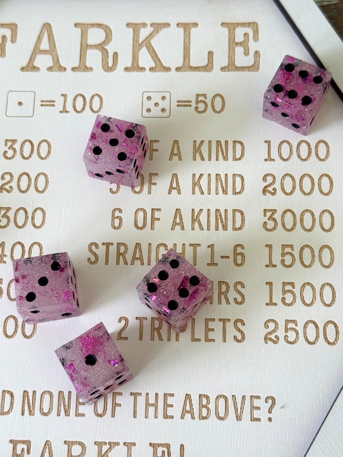 Resin Dice Set 6pcs – Pink Foil Black Dots – Handmade Replacement Dice Games