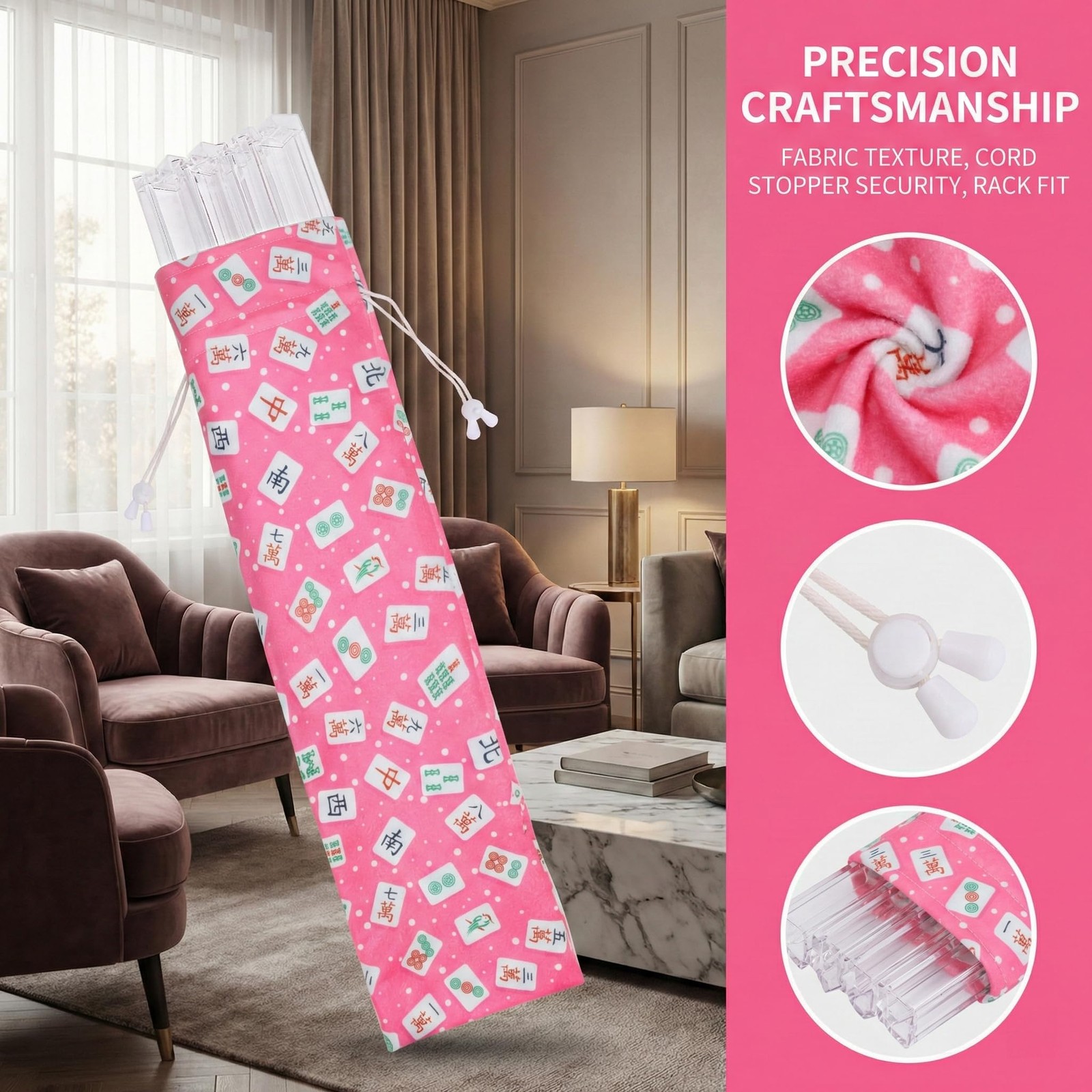 Mahjong Rack Bag, Velvet Drawstring Storage Pouch with Mahjong Print, Fits 4 .