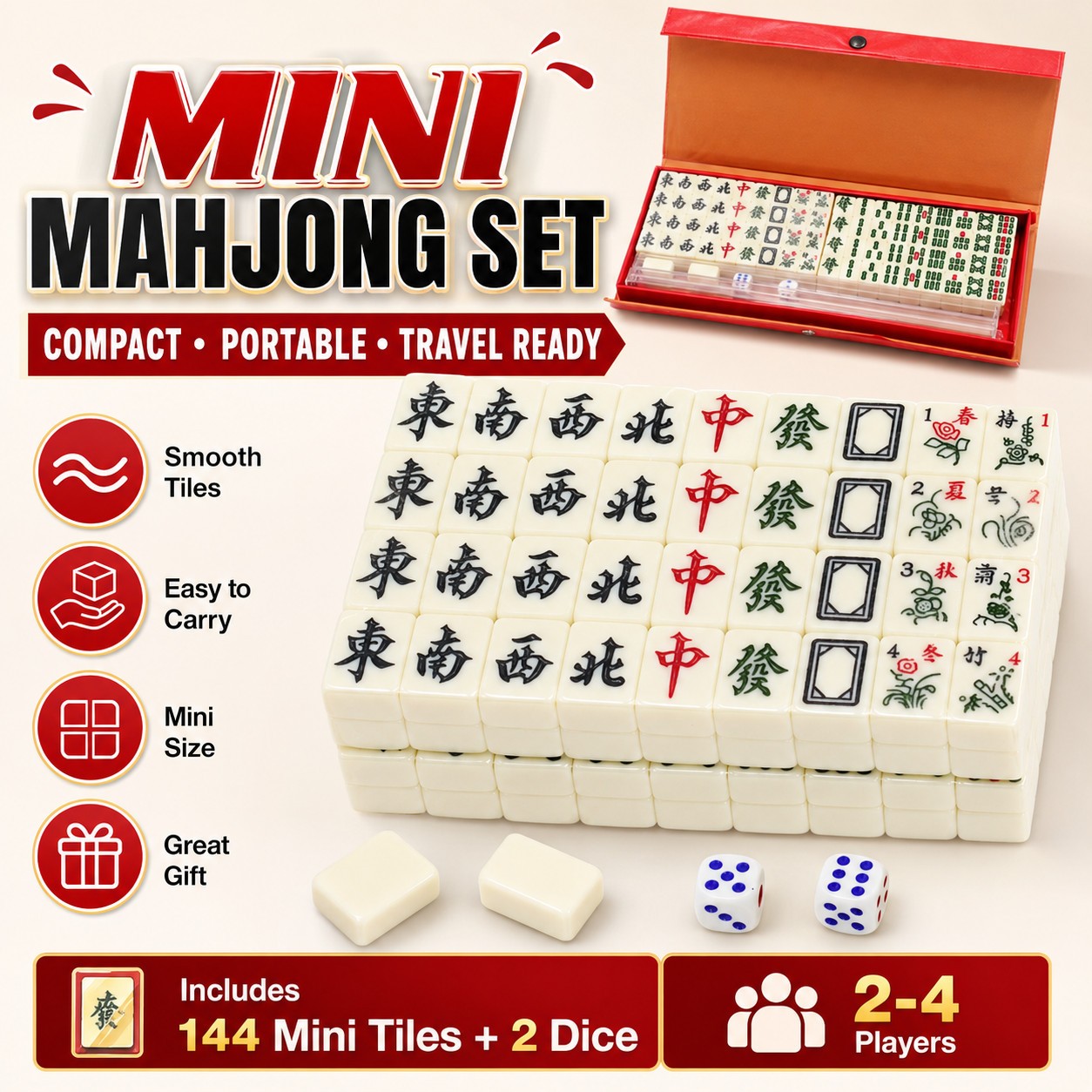 Mini Mahjong Set 144 Tiles 2 Dice Travel Board Game Storage Case Gift for Kids!!
