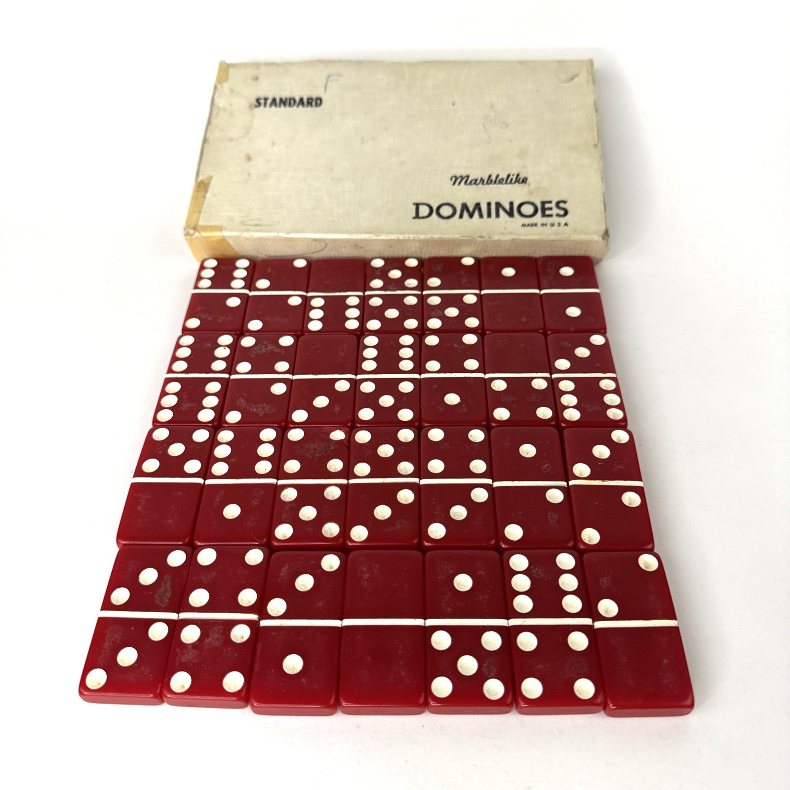 Vintage MCM PUREMCO #616 Standard Size Marblelike RED DOMINOES 2″ Tile GAME Box