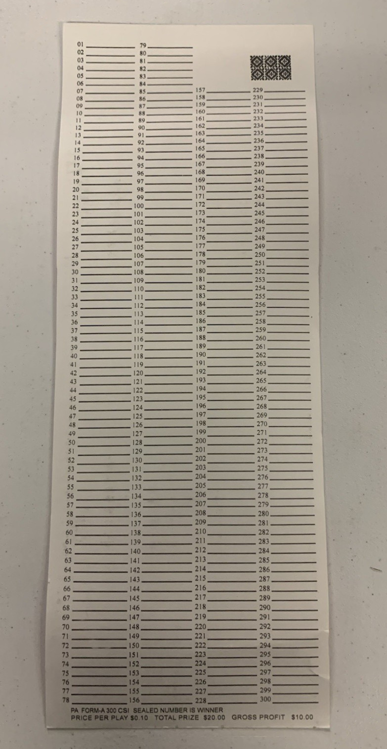 #300 Sure Tip Board (01-300) Raffle/Bingo/Jar Single Tickets 1-Fold Made in USA