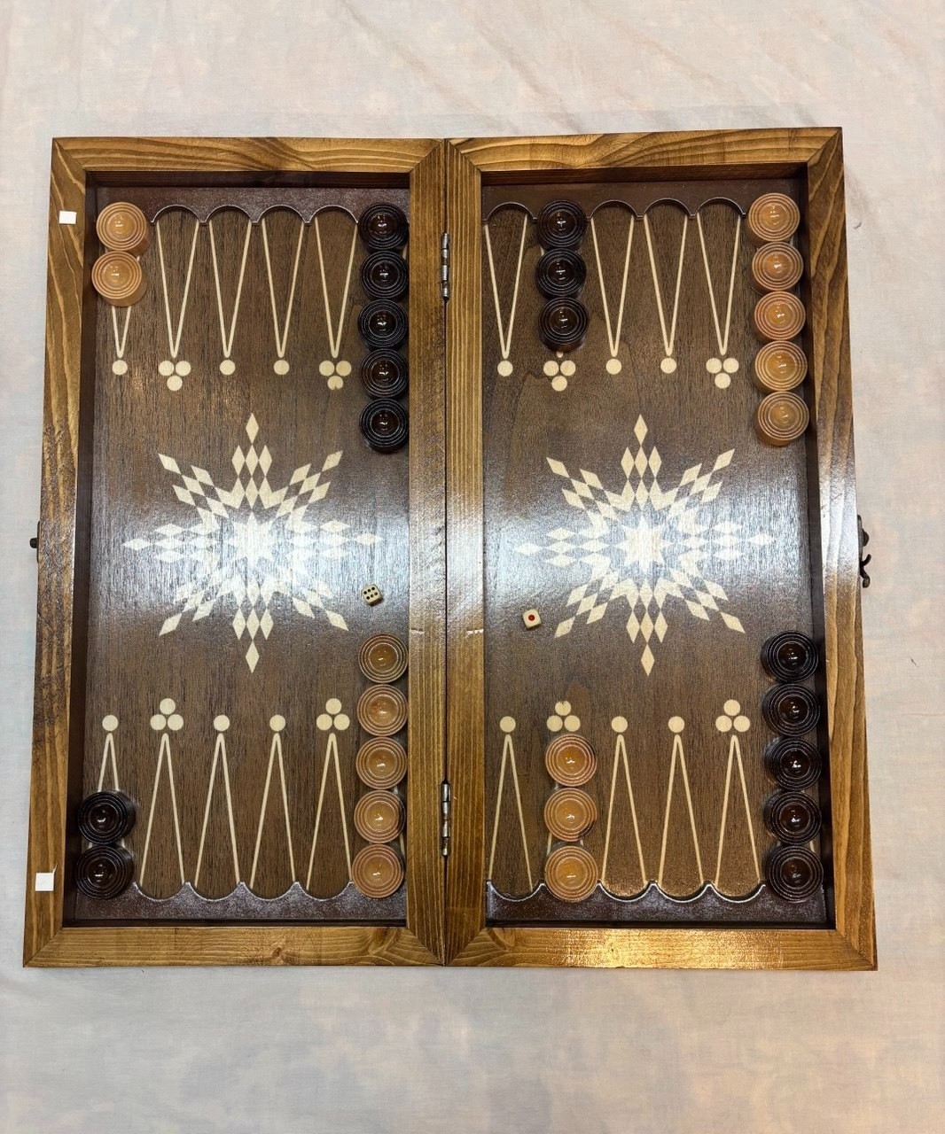 Handmade Wooden Backgammon Set Inlaid Marquetry Folding Board with Fabric Bag