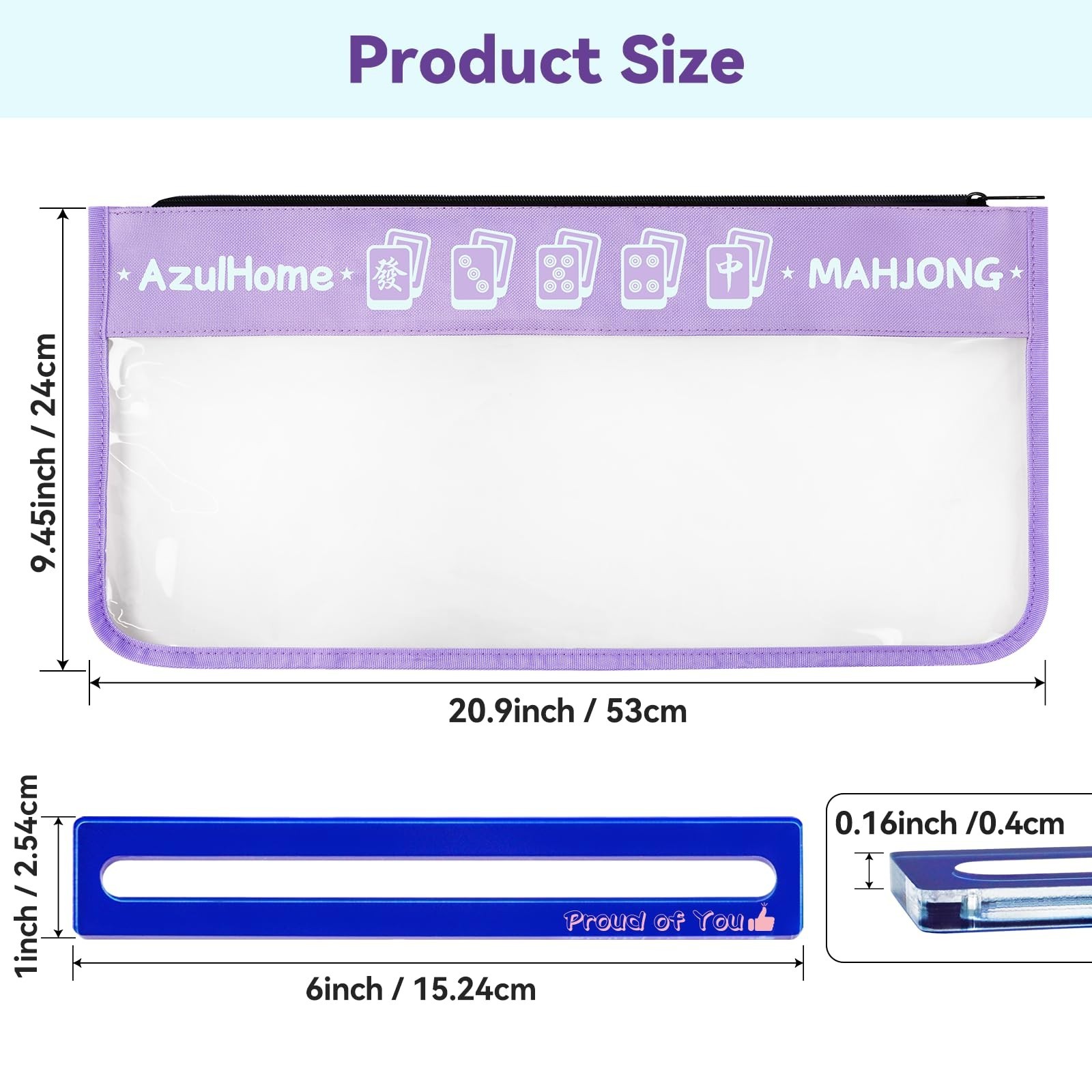 AzulHome PVC Mahjong Tiles Bag with 2 Mahjong Line Finders, Light Purple, 21″x9″