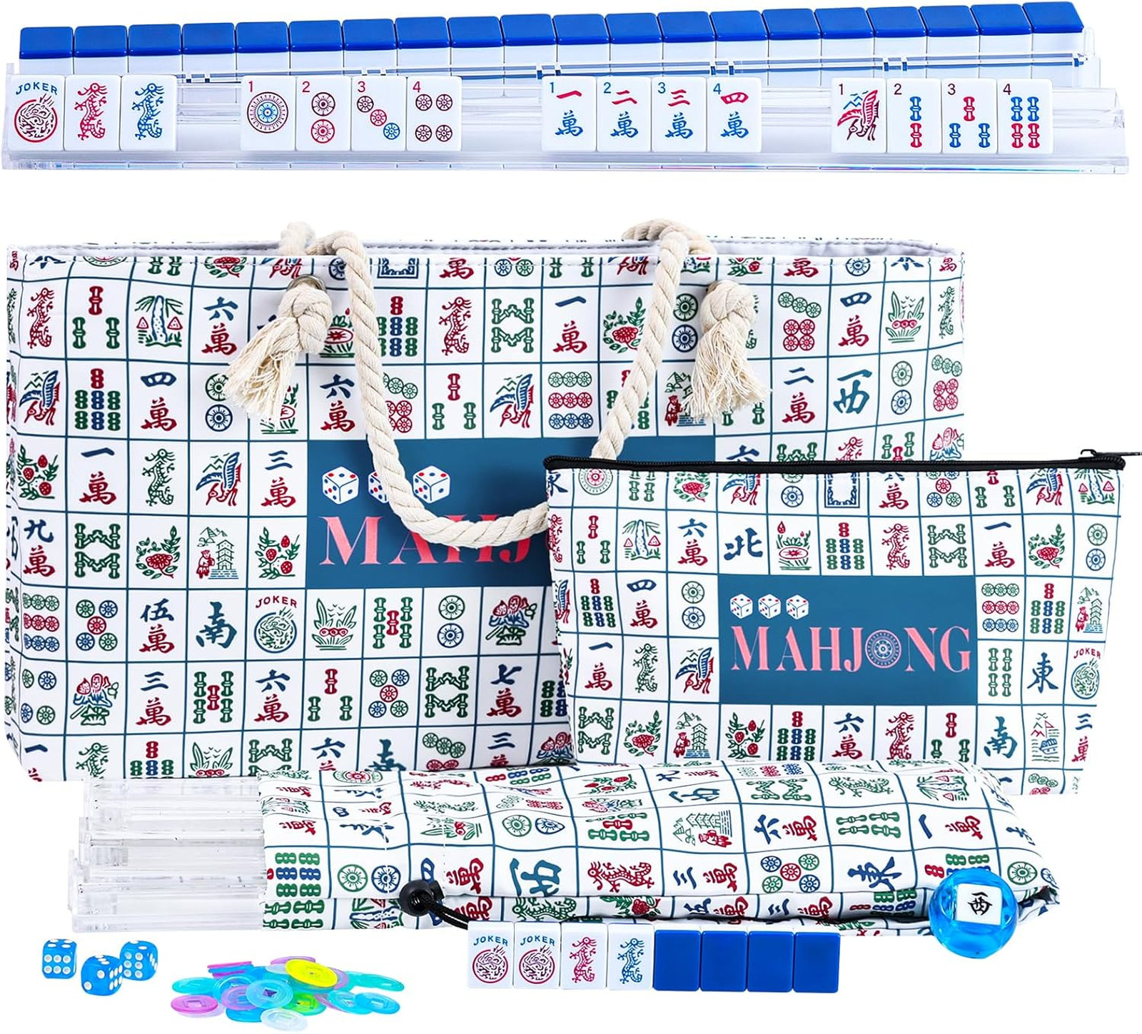 American Mahjong Set: 166 Dark Blue Tiles, 4 Clear Racks with Pushers, Mahjong