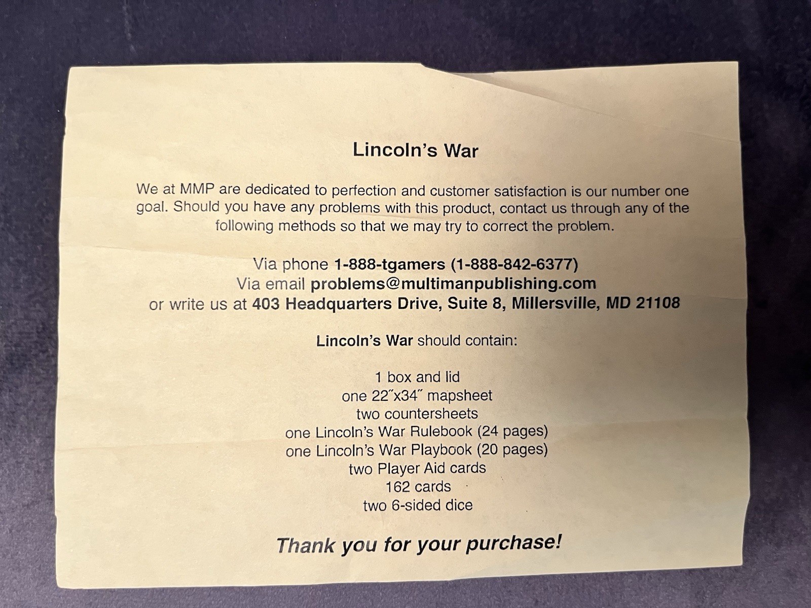 Multiman MMP Lincoln’s War Board Game Unpunched