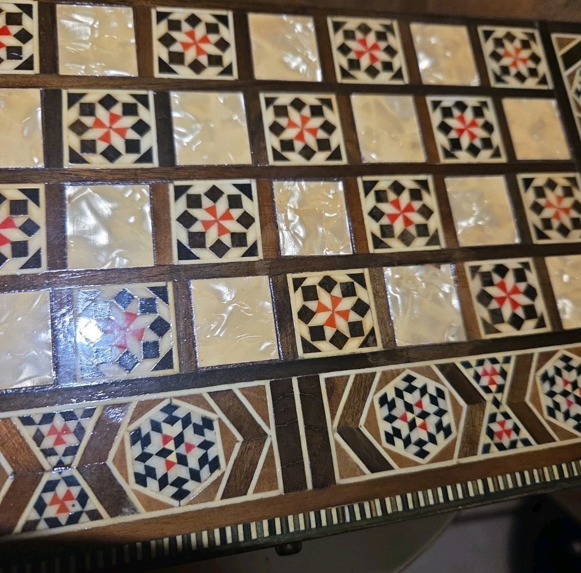 Vintage Mosaic Inlay Chess Backgammon Set Handcrafted Wood Marquetry Game Box
