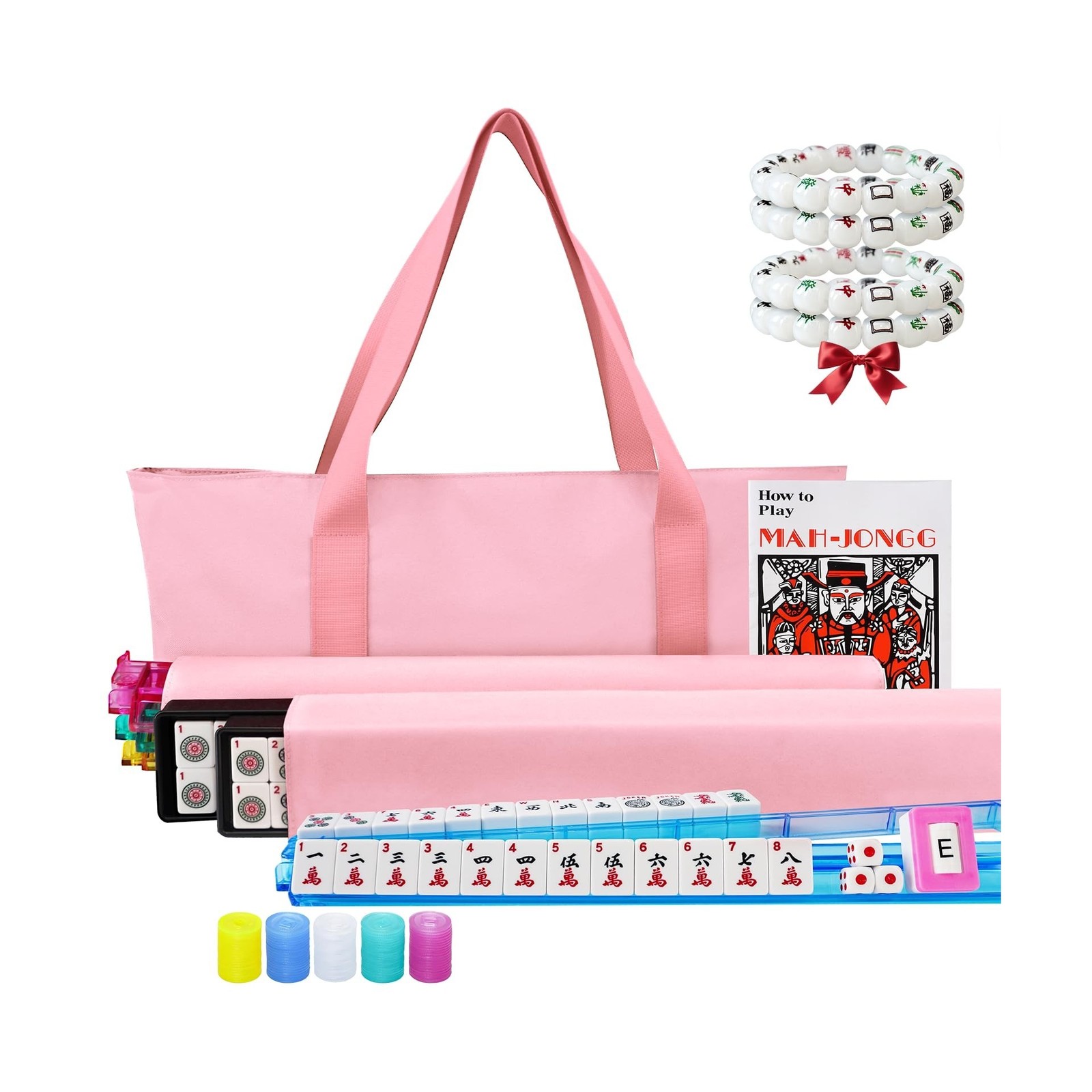 American Mahjong Game Set with Pink Carrying Bag,166 Premium White Tiles (1.2…