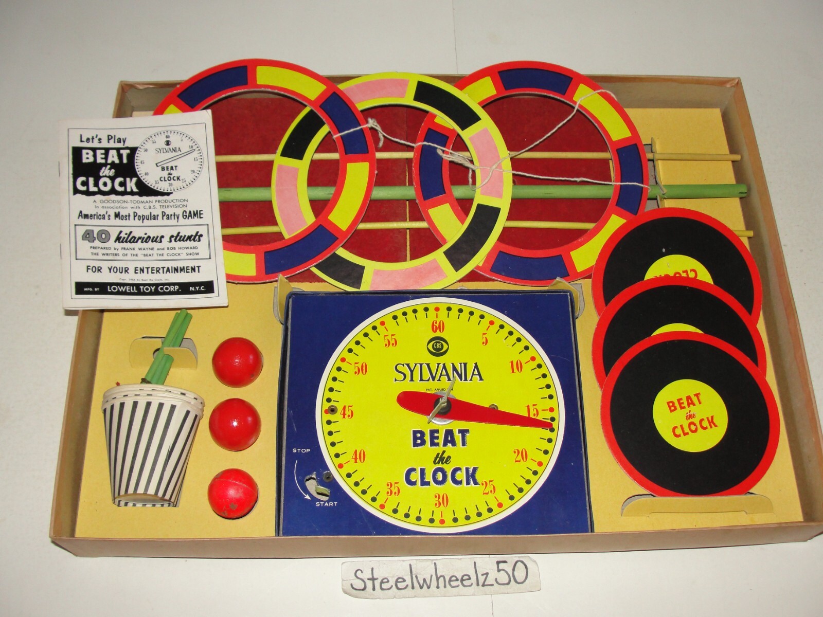 Vintage CBS Beat The Clock Board Game 1954 Lowell Toys NEAR COMPLETE No Balloons