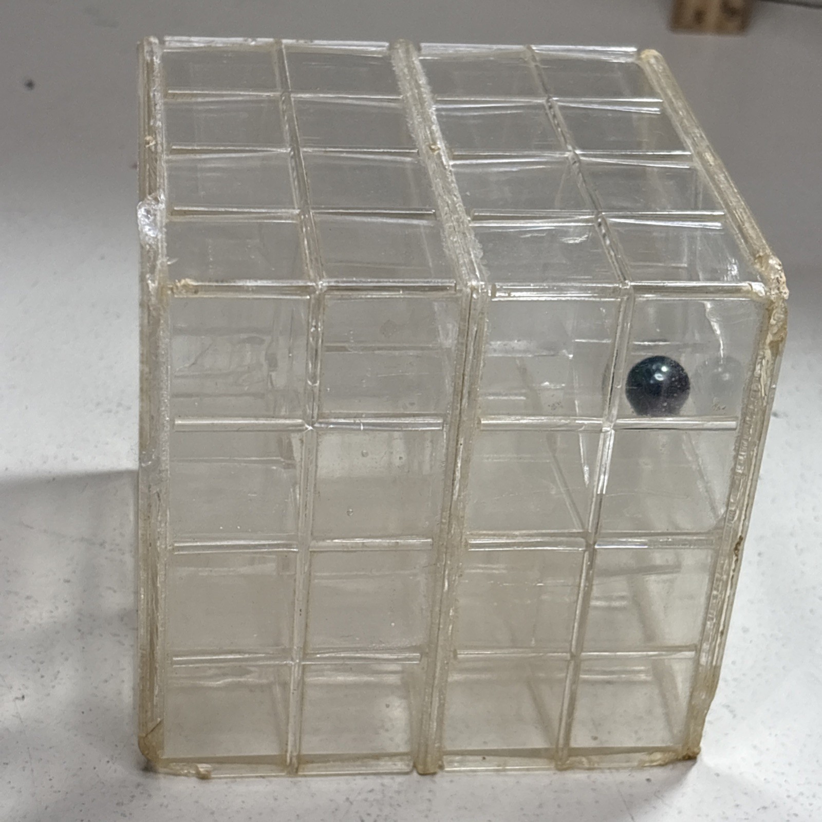 1960’s Milton Bradley Try-It Puzzle Maze Box Game 4″ Cube Vintage w/marble Works