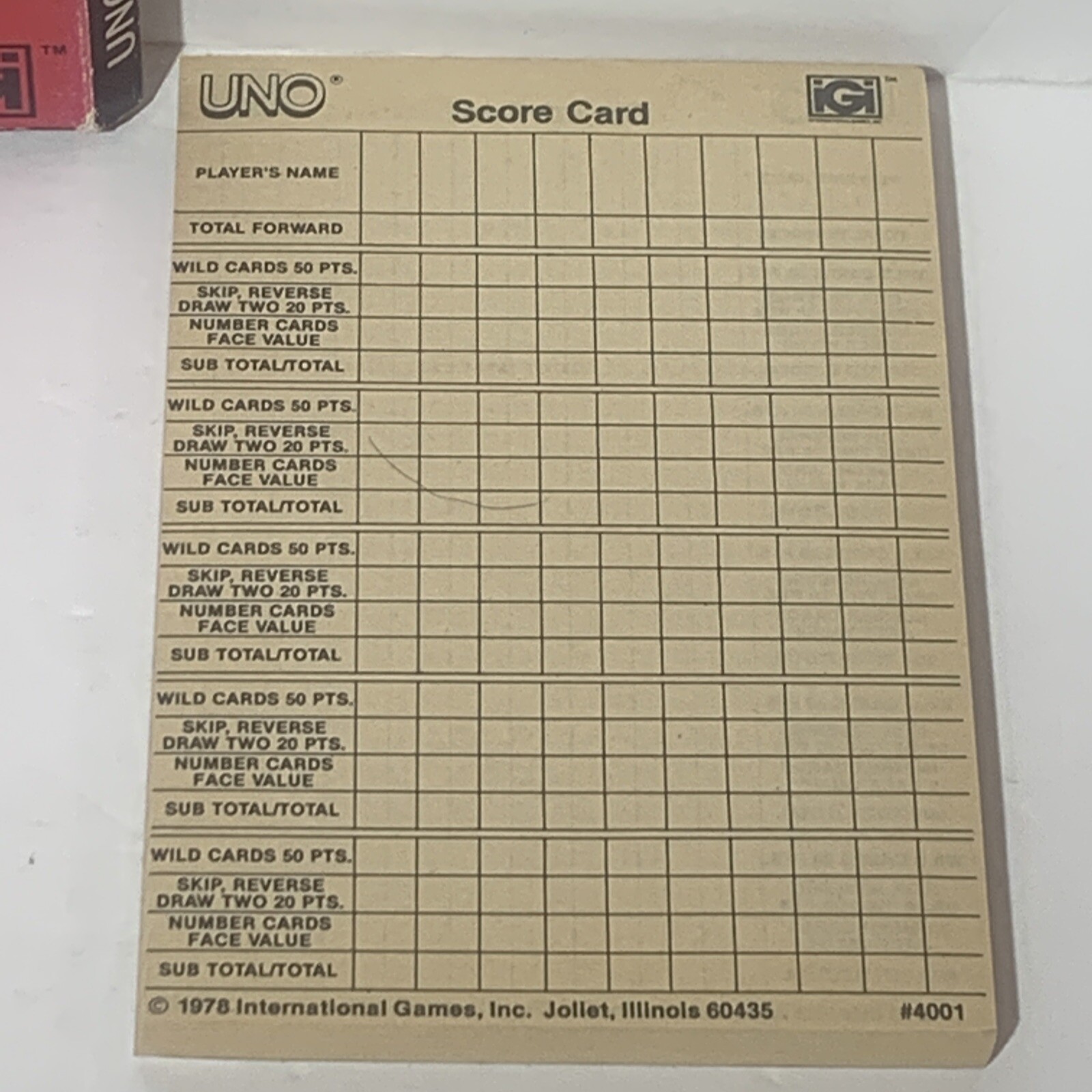 Uno Score Pad 100 Double Score Cards IGI 1978 with box #4001 Vintage