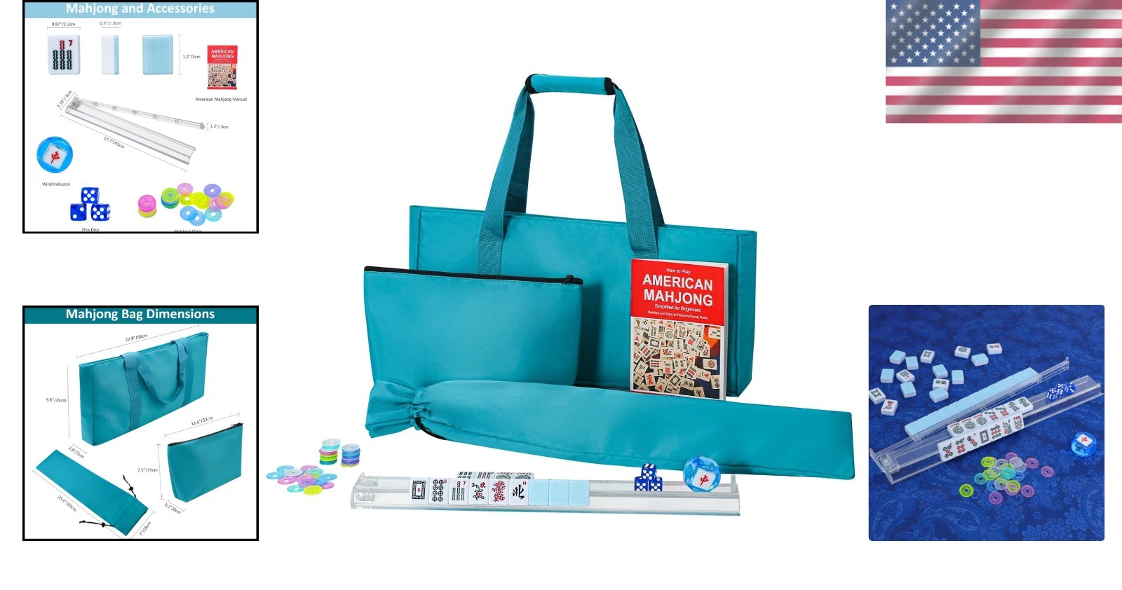 Complete American Mahjong Set with 166 Blue Tiles and Stylish Carrying Bag