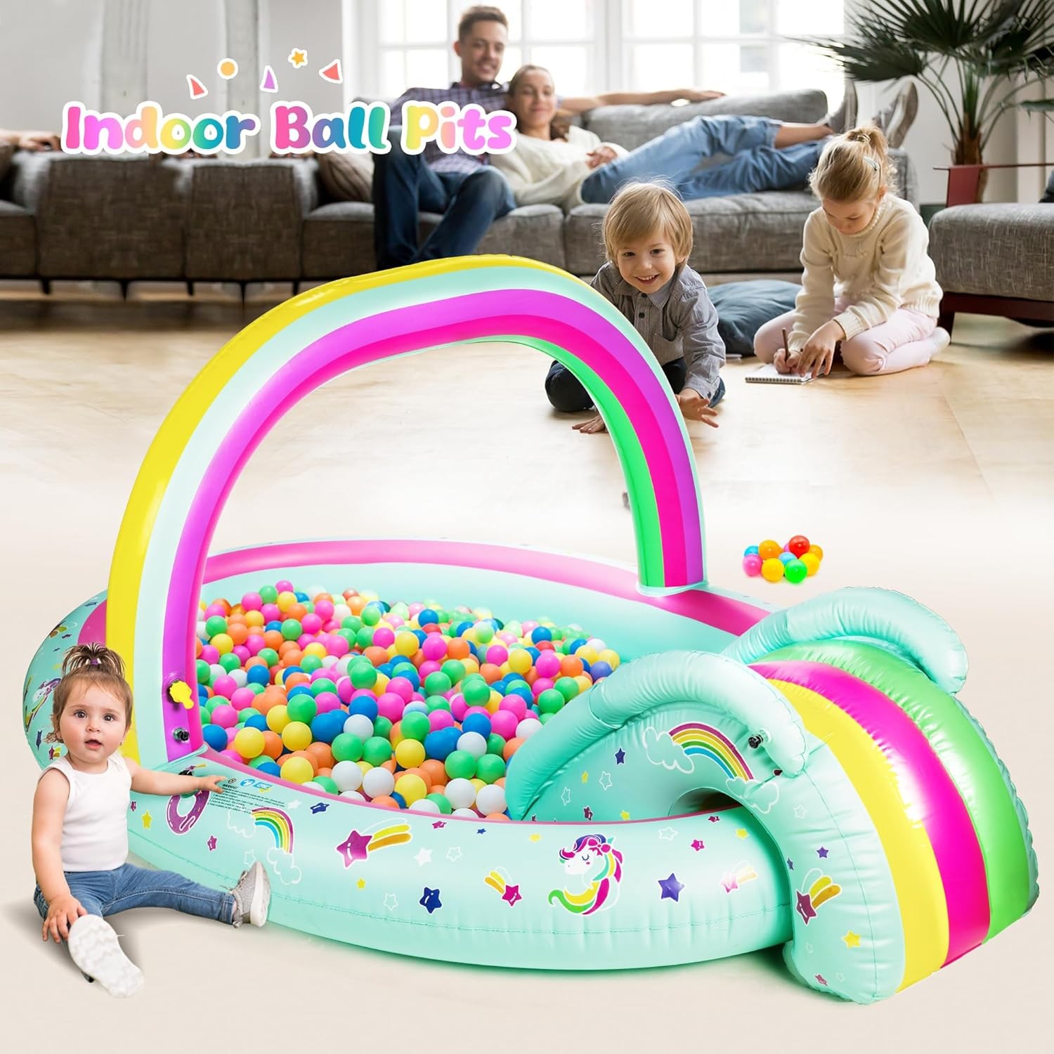 Rainbow Unicorn Inflatable Play Center Kiddie Pool W/ Slide & Sprinkler Children