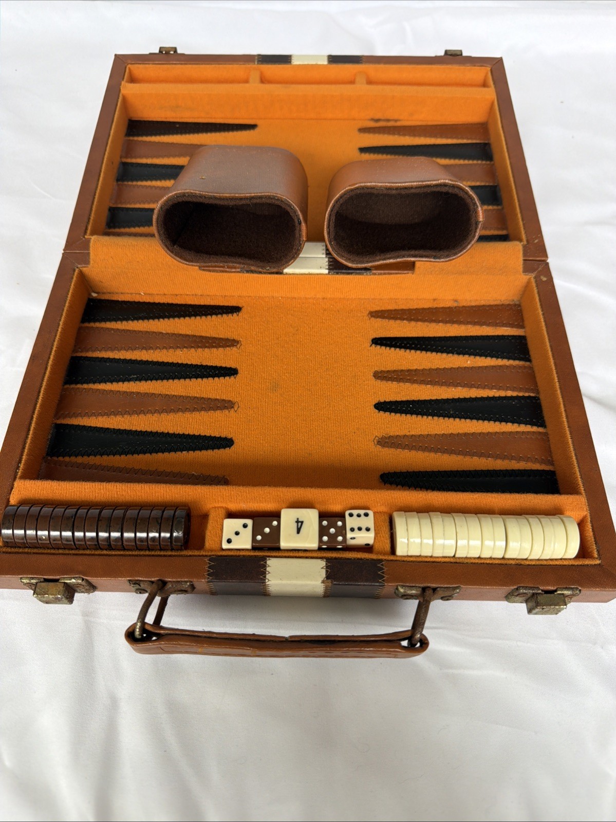 Vintage Backgammon Set Faux Leather Carrying Case Brown Striped Travel Board