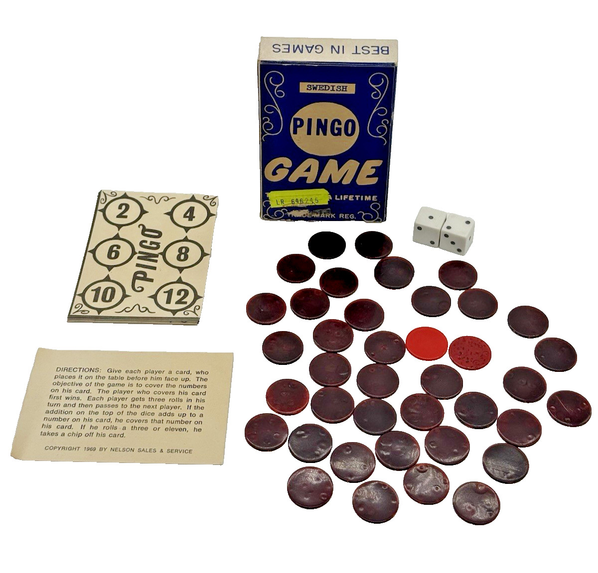 1969 Swedish Pingo Game Complete Dice Chips Cards Nelson Sales “Lifetime” Game
