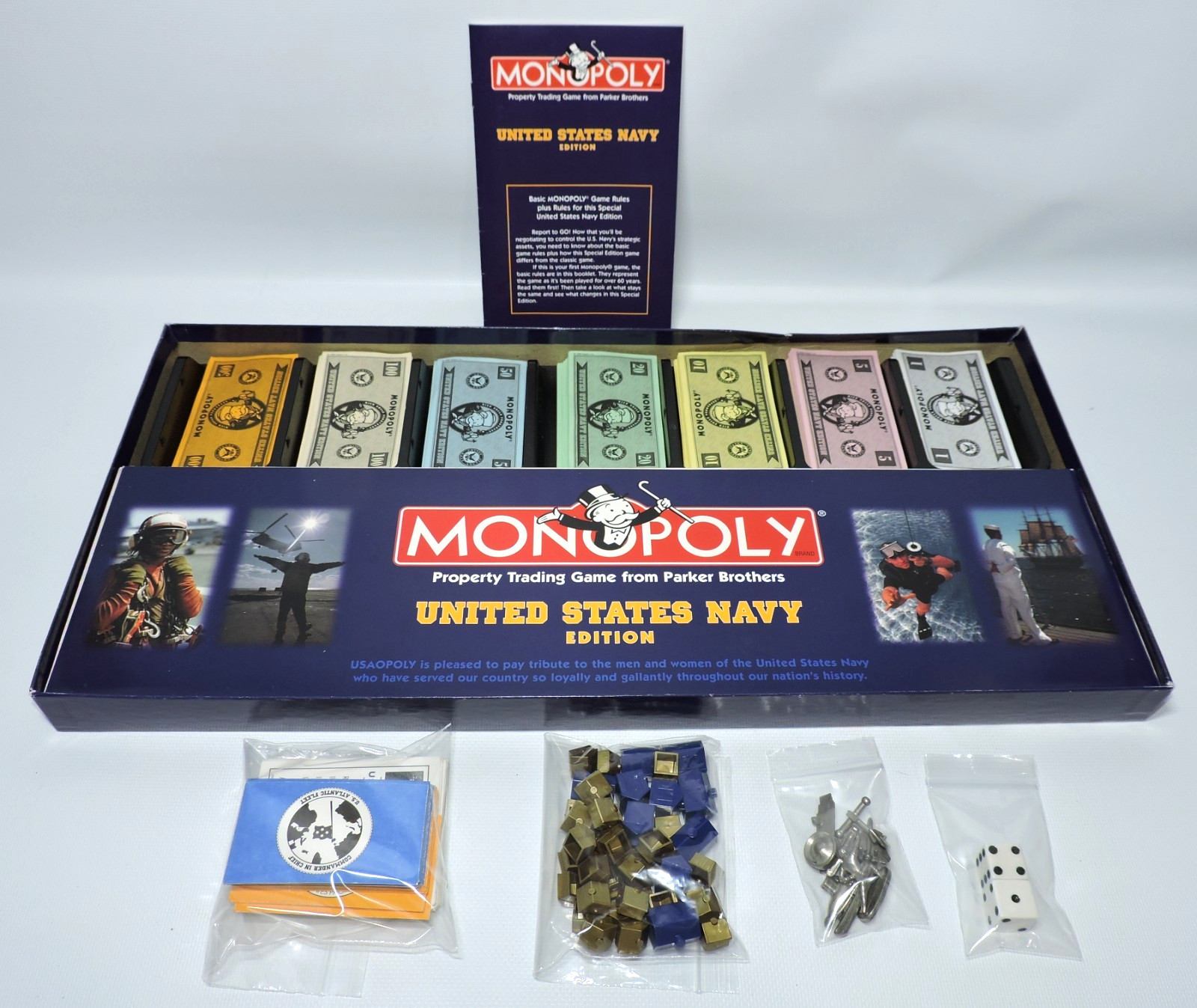 Monopoly United States U.S. Navy Edition Board Game NEAR COMPLETE -3 House/Hotel
