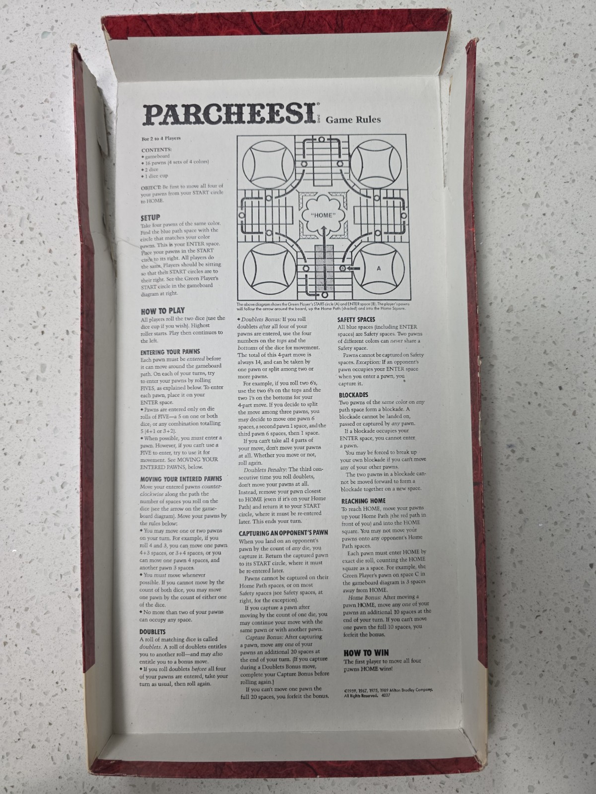 Milton Bradley Parcheesi Board Game 2-4 Players missing 3 pawns (4037)