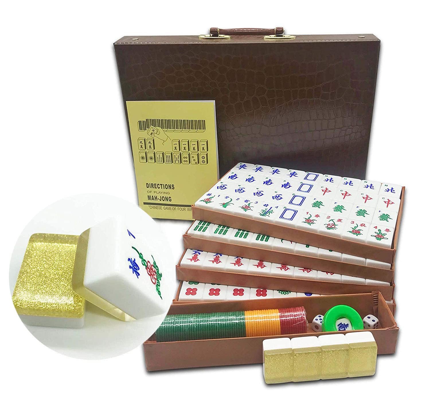 Chinese Mahjong X-Large 144 Numbered Acrylic Tiles 1.5″ Large Gold Sparkle Ti…