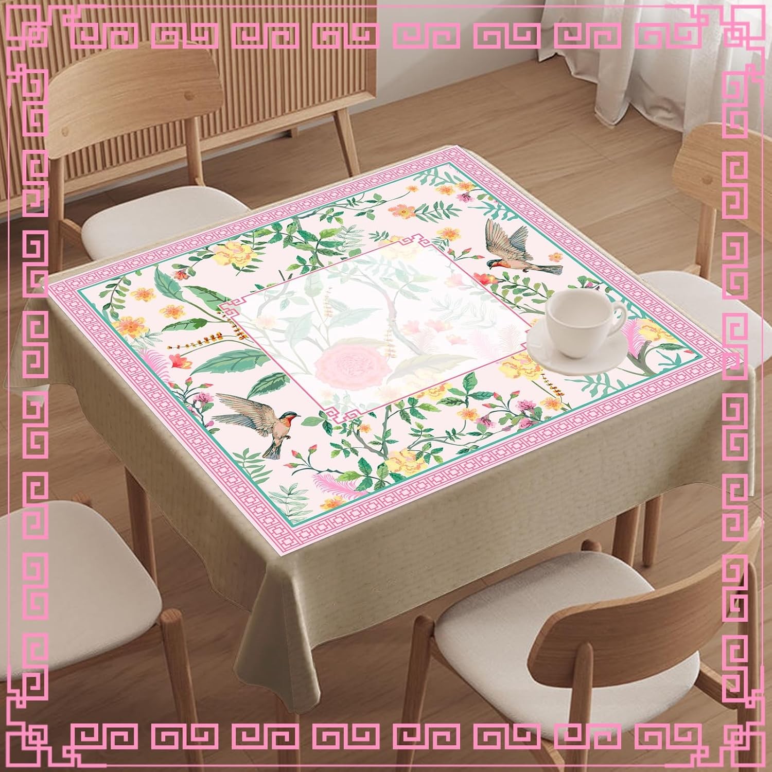 FYSUIMUC Pink Bird Floral Mahjong Mat W/ Carrying Bag 31.5″ x 31.5″ Table Mat
