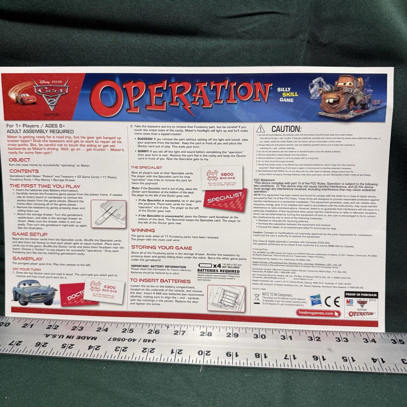Operation Disney Pixar Cars 2 Skill Board Game ~ Hasbro/Mater ~Complete w/Video